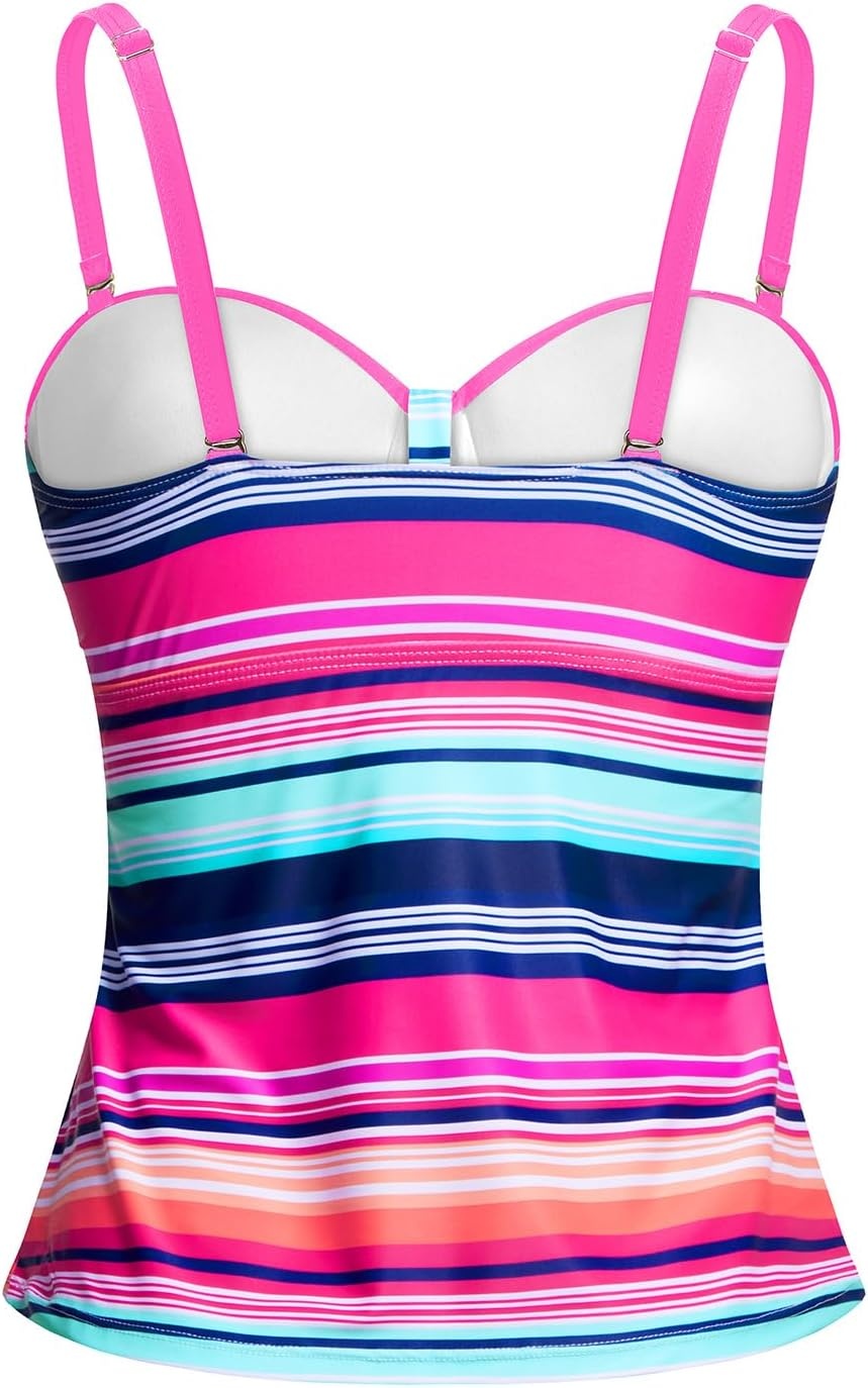 Women’s Underwire Tummy Control Swimsuit Top Push Up Bathing Suit Top(Colorful Striped)