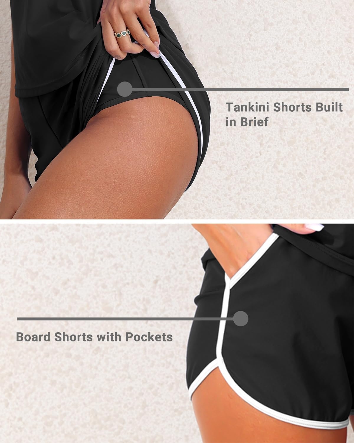 Talisea Women 2 Piece Tankini Swimsuit with Pockets Boy Shorts Modest Bathing Suit Tummy Control Tank Top(Black)
