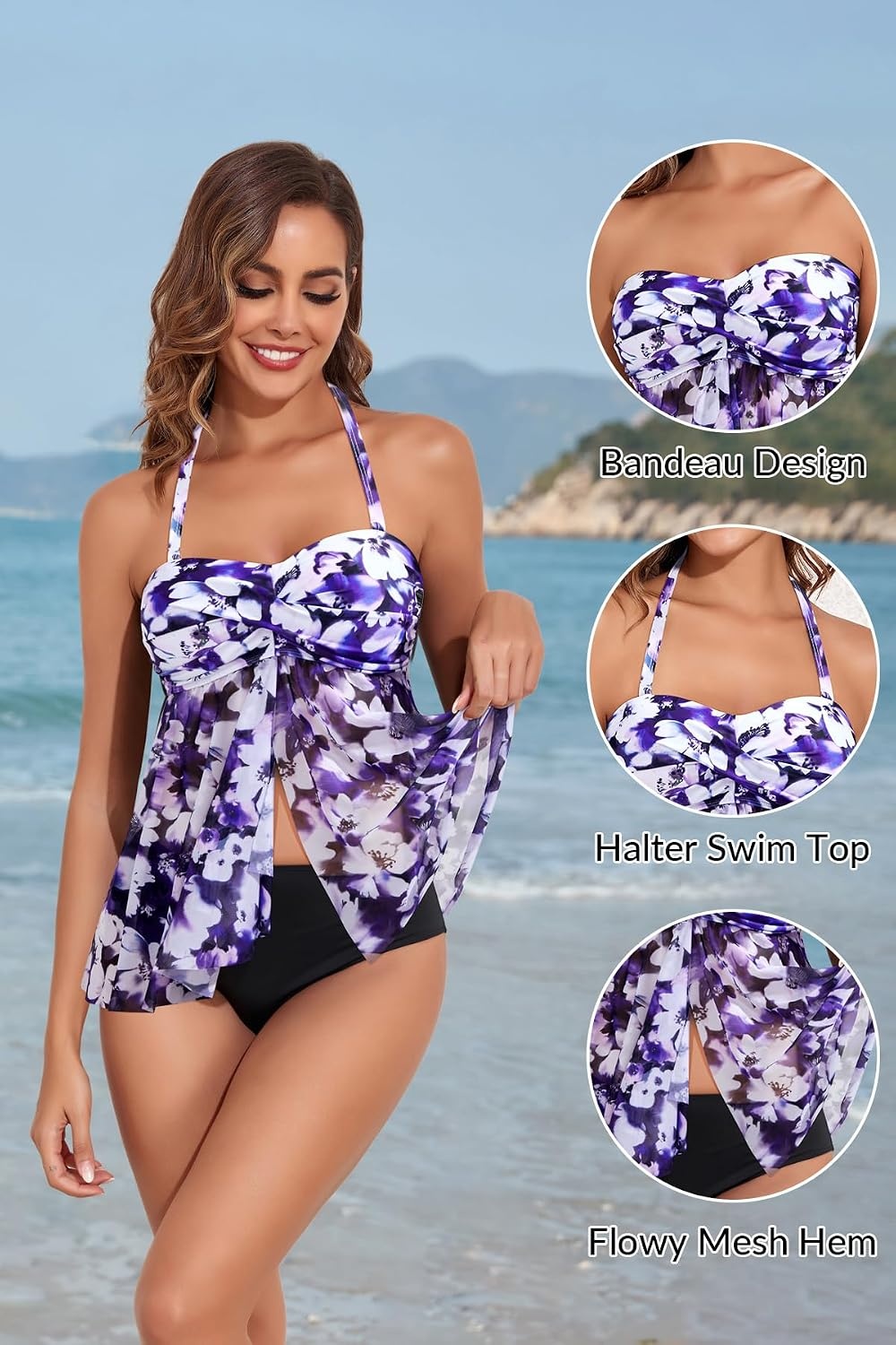 Talisea Women Bandeau Tankini Top Only Mesh Strapless Swimsuits Top Halter Flyaway Bathing Suits No Bottom(Purple Floral)
