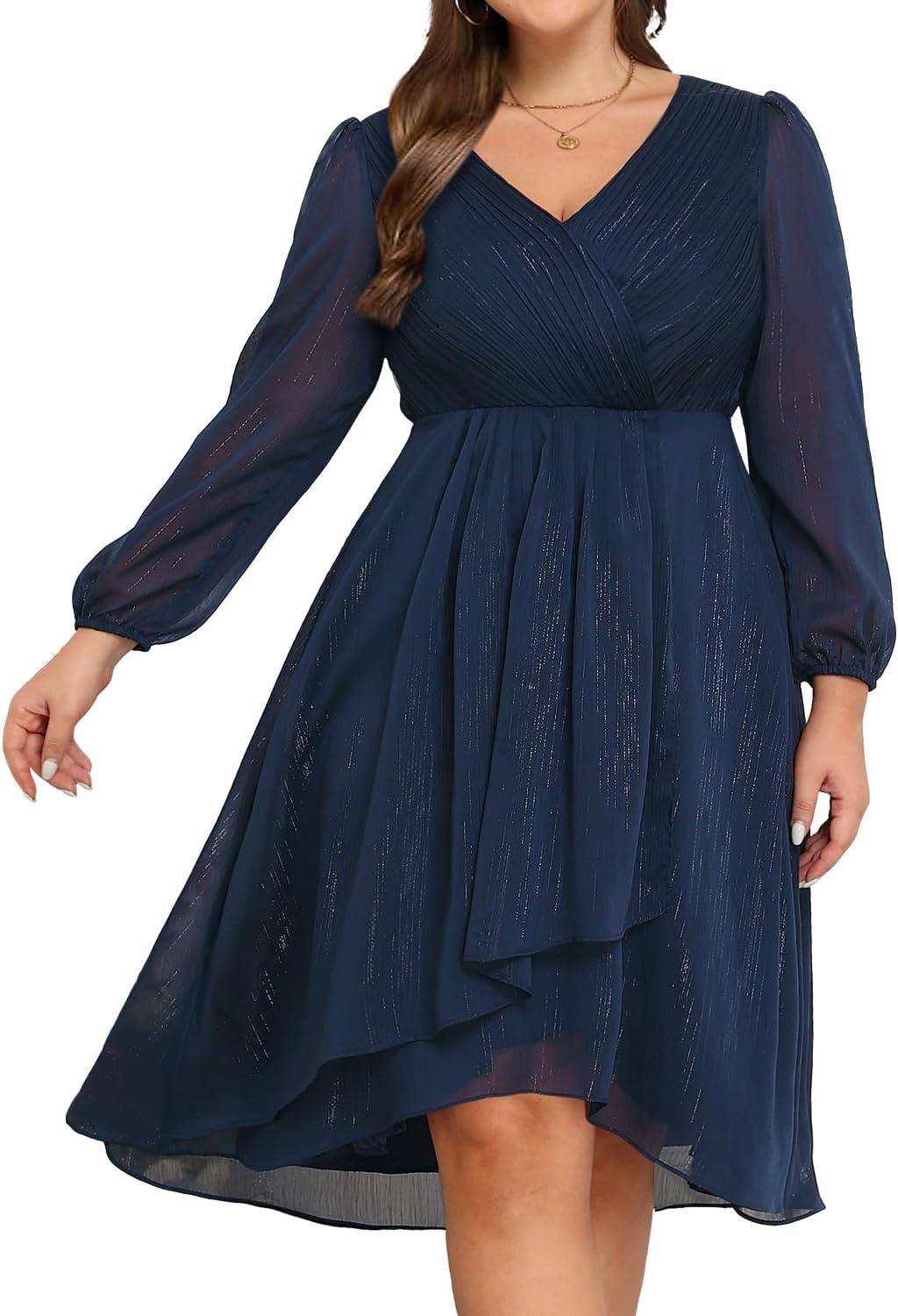 Talisea Plus Size Cocktail Dress – Formal Wedding Guest Fall Long Sleeve A Line Pleated V Neck Midi Dresses for Curvy Women(Dark Blue)