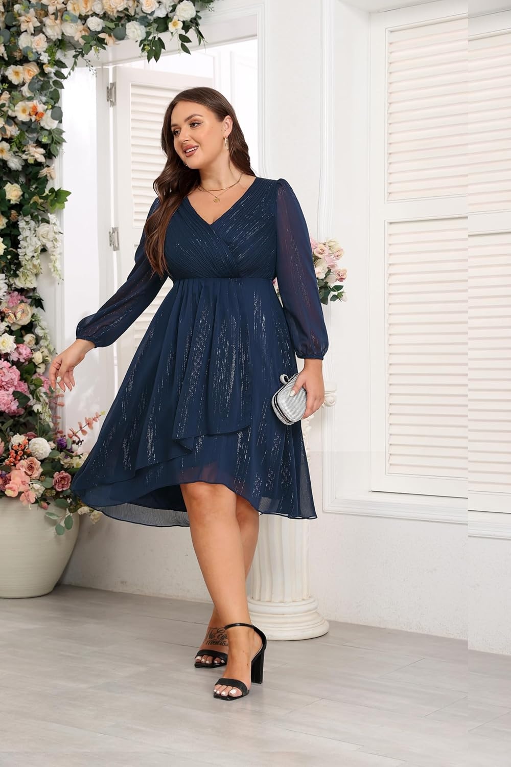 Talisea Plus Size Cocktail Dress – Formal Wedding Guest Fall Long Sleeve A Line Pleated V Neck Midi Dresses for Curvy Women(Dark Blue)