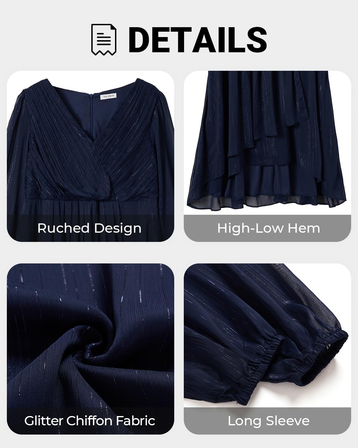 Talisea Plus Size Cocktail Dress – Formal Wedding Guest Fall Long Sleeve A Line Pleated V Neck Midi Dresses for Curvy Women(Dark Blue)