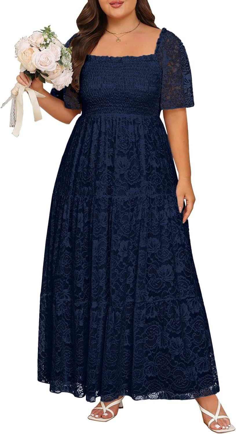 Plus Size Wedding Dress Bride Boho Lace Square Neck Long Maxi Dresses | Square Neck Ruffle Sleeves Lace Dresses for Curvy Women Photoshoot Smocked Tiered Flowy Wedding Guest Bridesmaid Dress(Navy Blue)