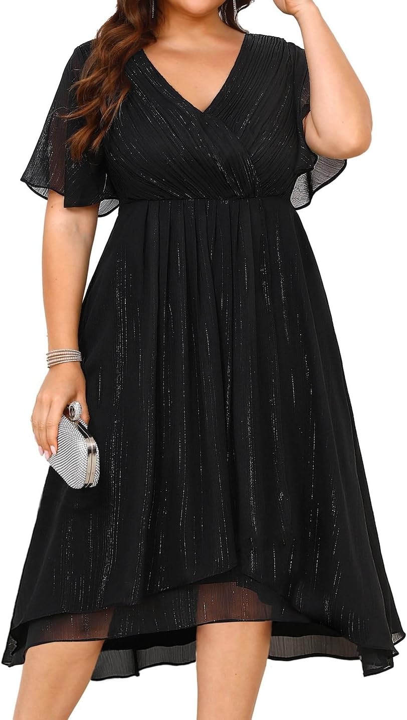 Talisea Plus Size Cocktail Dress – Formal Wedding Guest Fall Long Sleeve A Line Pleated V Neck Midi Dresses for Curvy Women(Black Short Sleeve)