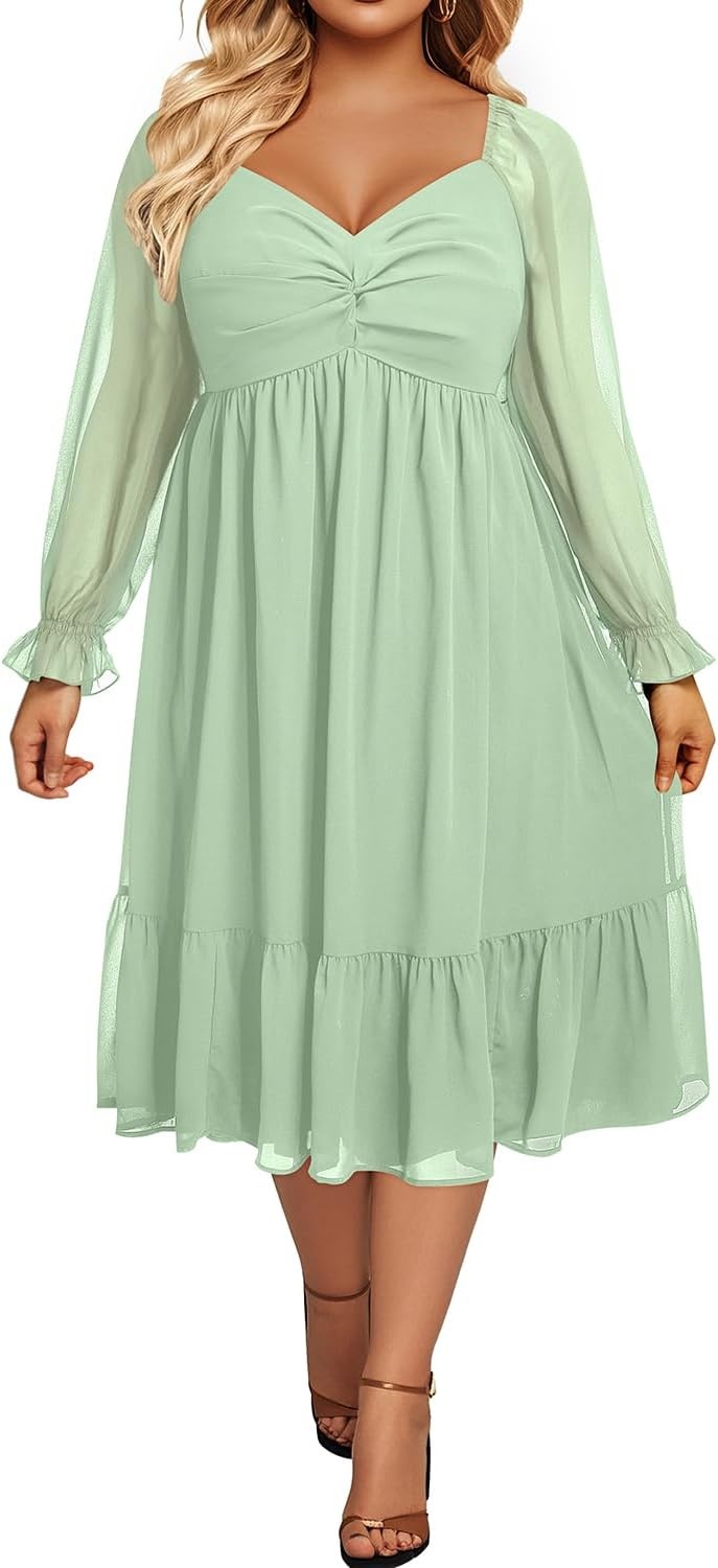 Plus Size Wedding Guest Dress Chiffon Sweetheart A Line Midi Dresses Women | Plus Size Cocktail Wedding Guest Dress Women Fall Semi Formal Dresses for Special Occasions Flowy Chiffon A Line Midi Dress(Sage Green)
