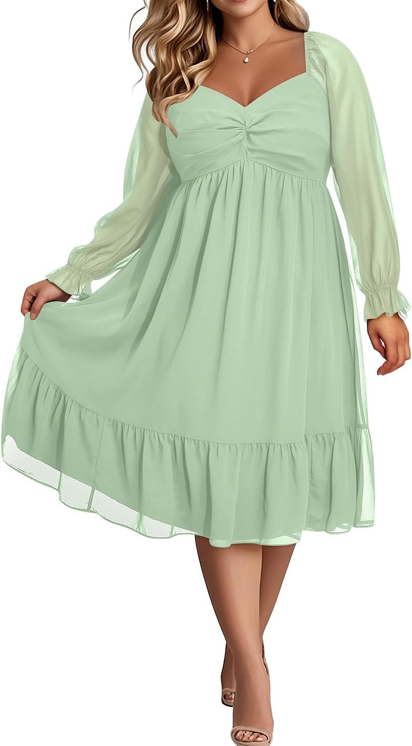 Plus Size Wedding Guest Dress Chiffon Sweetheart A Line Midi Dresses Women | Plus Size Cocktail Wedding Guest Dress Women Fall Semi Formal Dresses for Special Occasions Flowy Chiffon A Line Midi Dress(Sage Green)