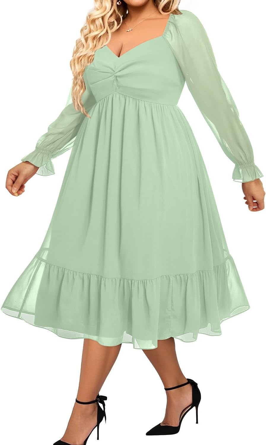 Plus Size Wedding Guest Dress Chiffon Sweetheart A Line Midi Dresses Women | Plus Size Cocktail Wedding Guest Dress Women Fall Semi Formal Dresses for Special Occasions Flowy Chiffon A Line Midi Dress(Sage Green)
