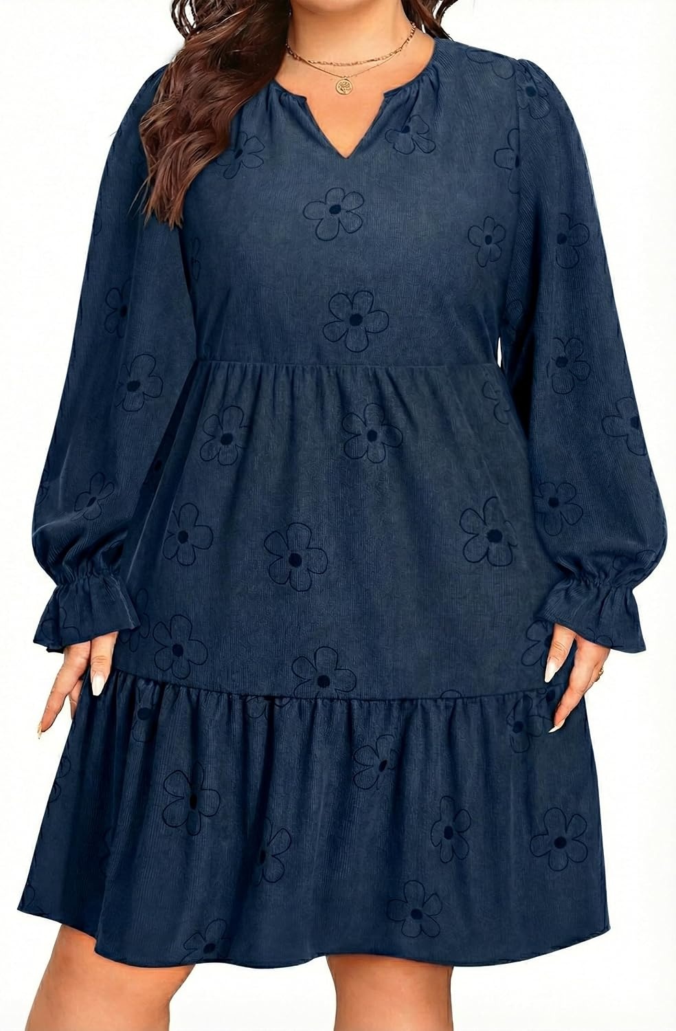 Talisea Plus Size Fall Dresses Casual Long Sleeve Corduroy Tunic V Neck Loose Flowy Ruffle A Line Tiered Short Babydoll Dress(Navy Blue Floral)