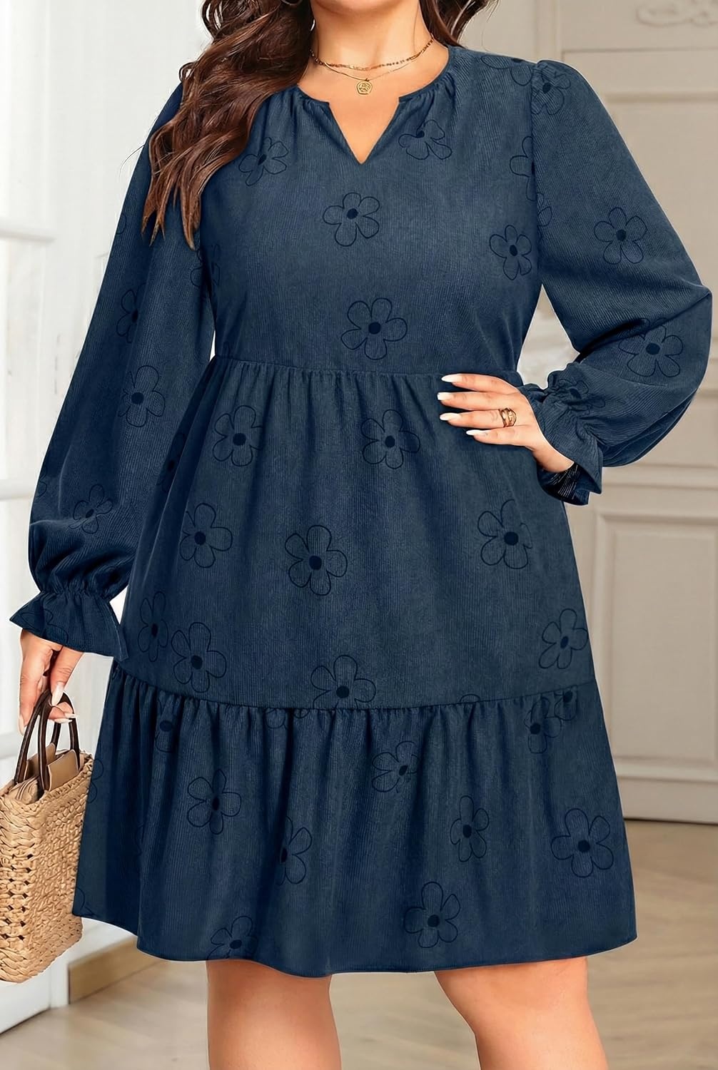 Talisea Plus Size Fall Dresses Casual Long Sleeve Corduroy Tunic V Neck Loose Flowy Ruffle A Line Tiered Short Babydoll Dress(Navy Blue Floral)