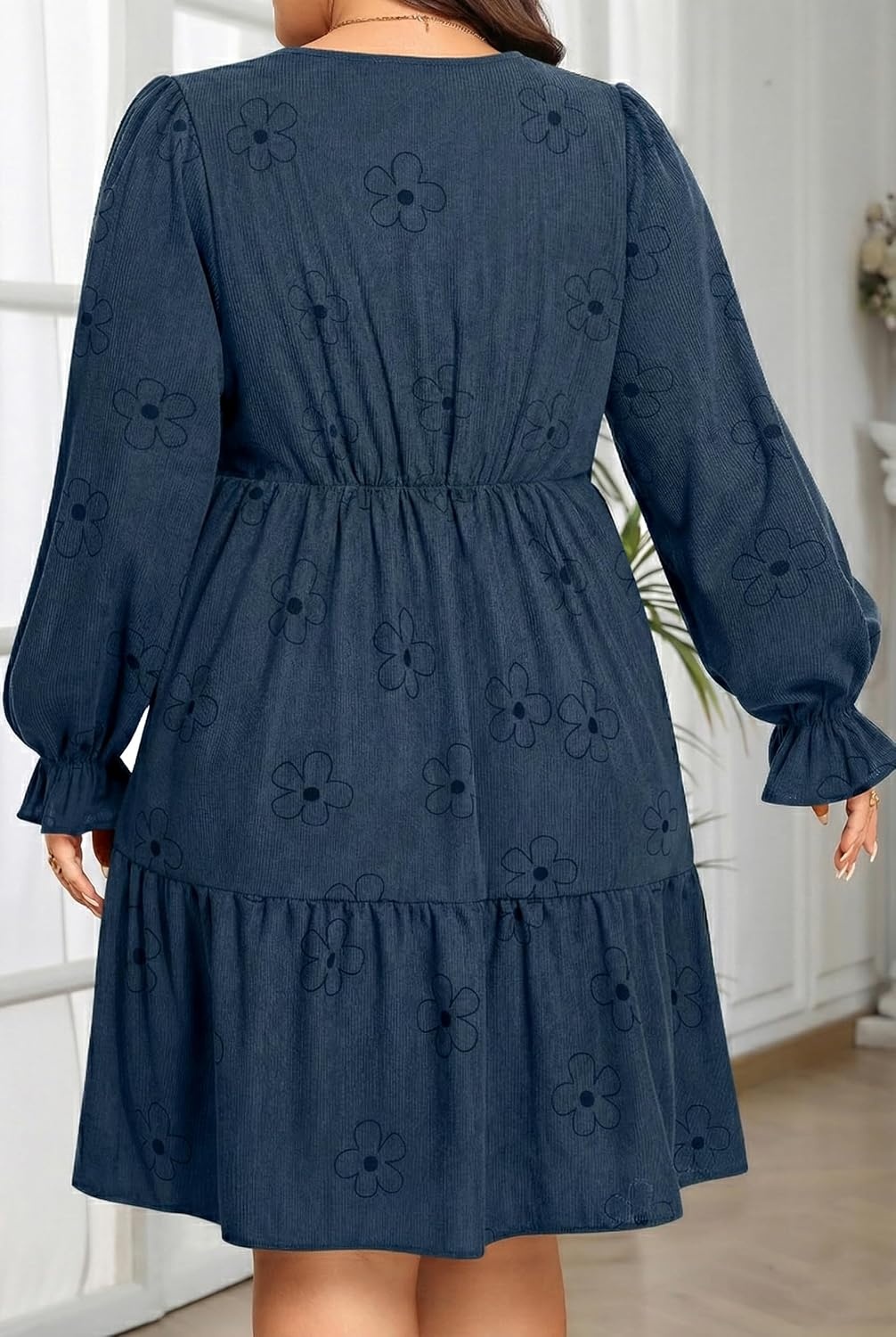 Talisea Plus Size Fall Dresses Casual Long Sleeve Corduroy Tunic V Neck Loose Flowy Ruffle A Line Tiered Short Babydoll Dress(Navy Blue Floral)