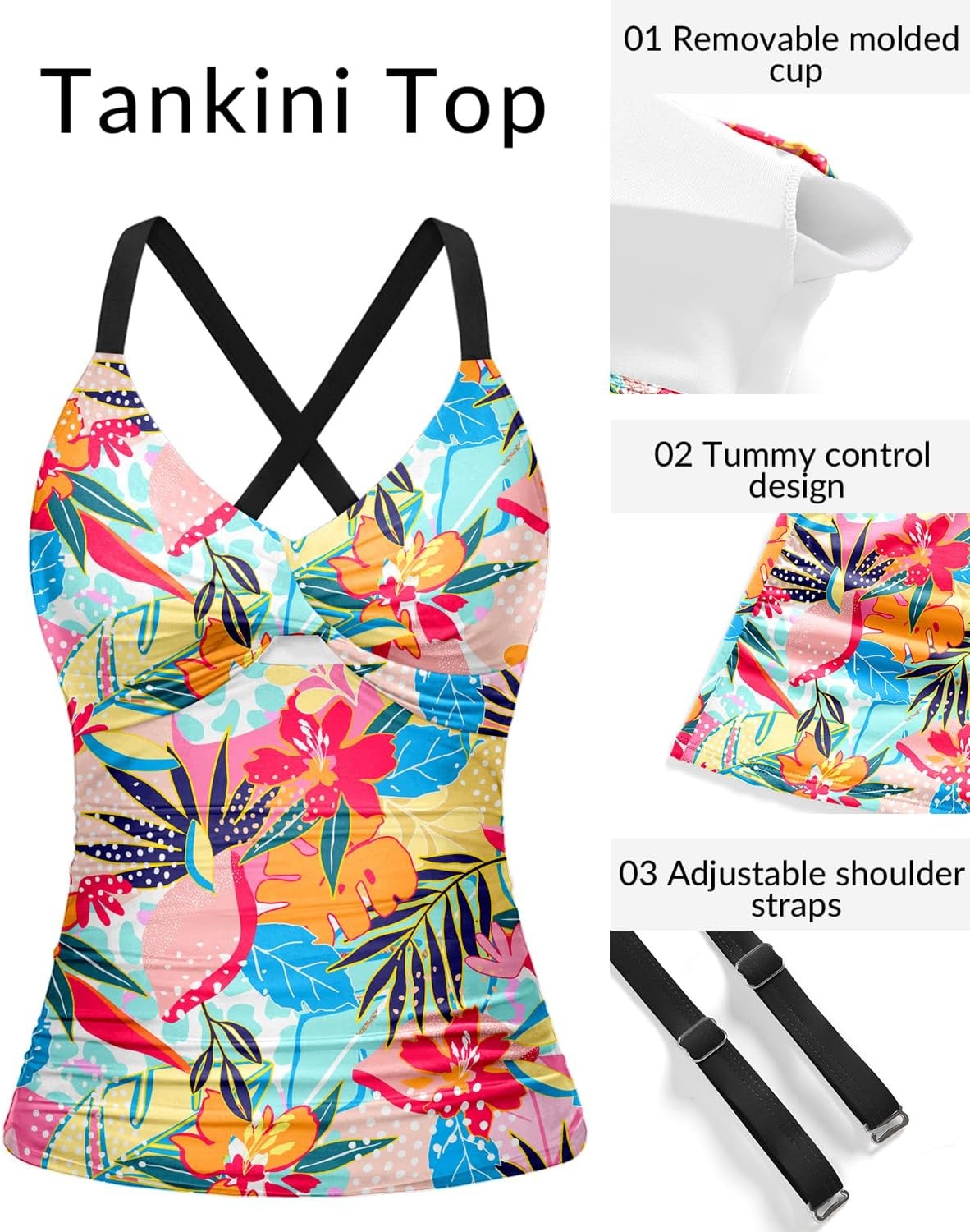Women Tankini Swimsuit Tops Only – Tummy Control Bathing Suit Top 2025 Modest V Neck Twist Front Cutout Swim Top No Bottom(Colorful Floral)