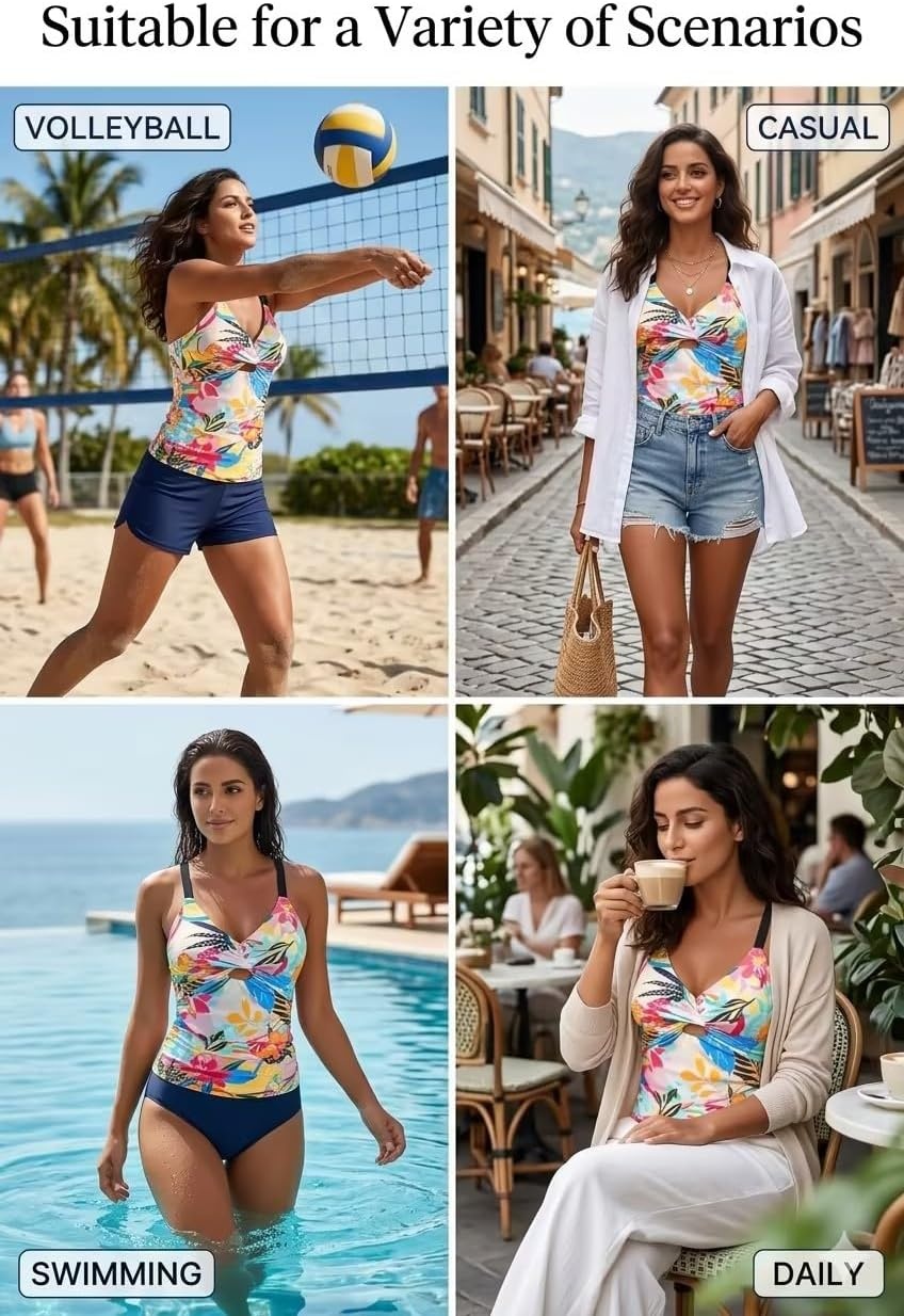 Women Tankini Swimsuit Tops Only – Tummy Control Bathing Suit Top 2025 Modest V Neck Twist Front Cutout Swim Top No Bottom(Colorful Floral)