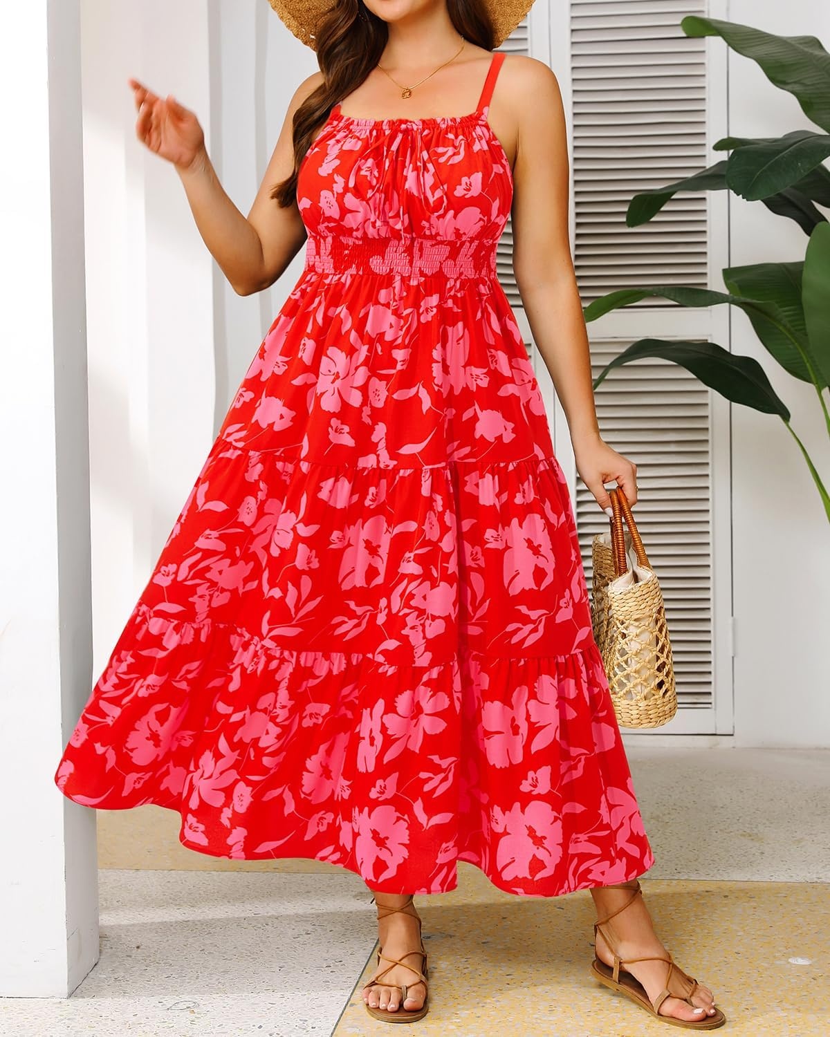 Talisea Plus Size Summer Dress – Boho Spaghetti Strap Maxi Dress Women(Red Floral)