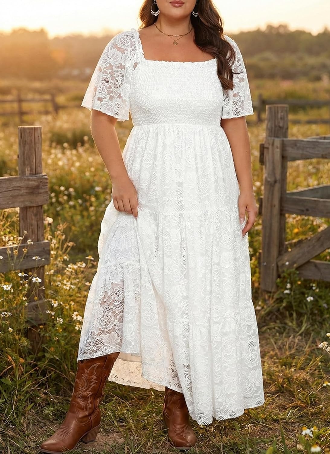 Plus Size Wedding Dress Bride Boho Lace Square Neck Long Maxi Dresses | Square Neck Ruffle Sleeves Lace Dresses for Curvy Women Photoshoot Smocked Tiered Flowy Wedding Guest Bridesmaid Dress(White)