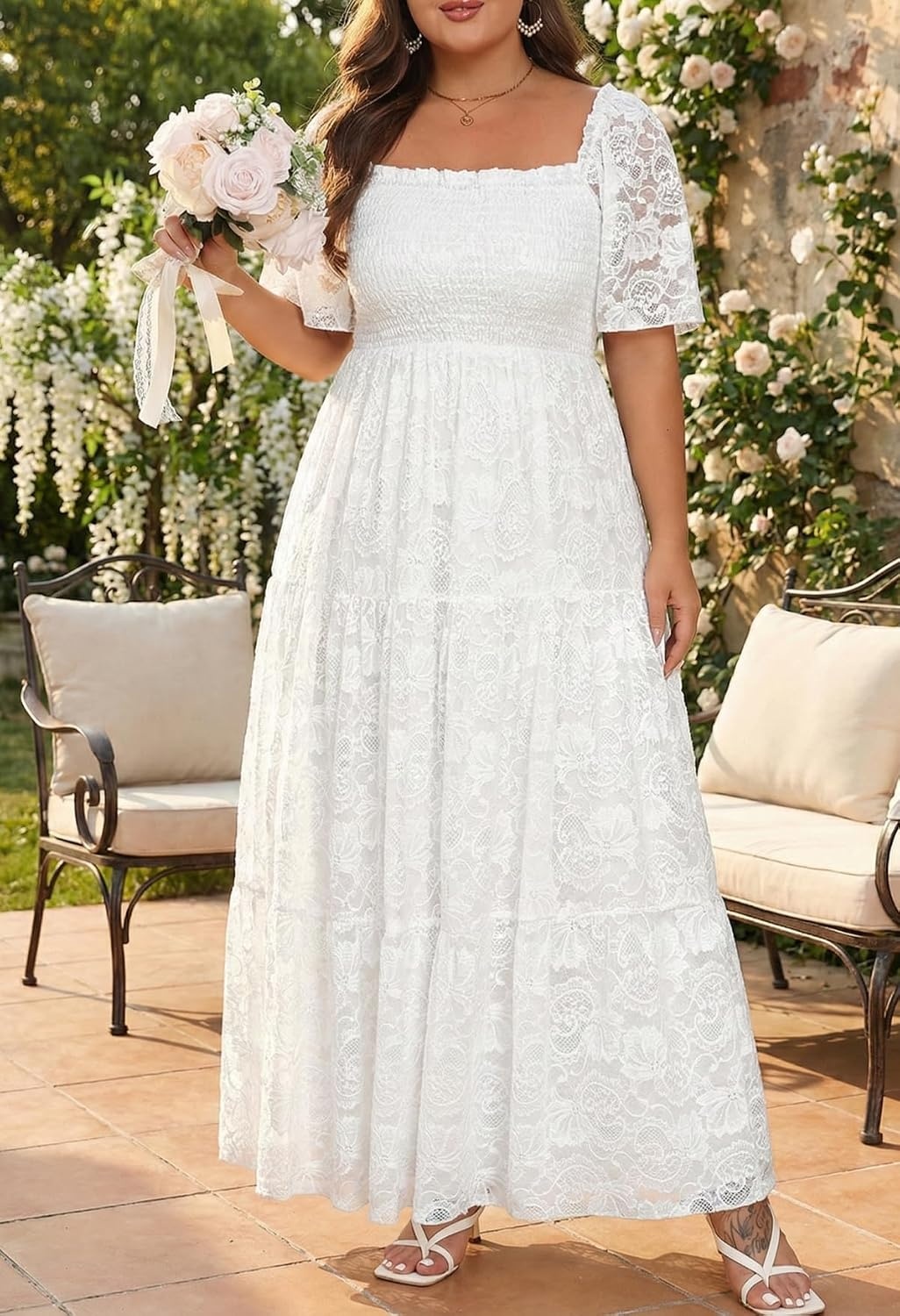 Plus Size Wedding Dress Bride Boho Lace Square Neck Long Maxi Dresses | Square Neck Ruffle Sleeves Lace Dresses for Curvy Women Photoshoot Smocked Tiered Flowy Wedding Guest Bridesmaid Dress(White)