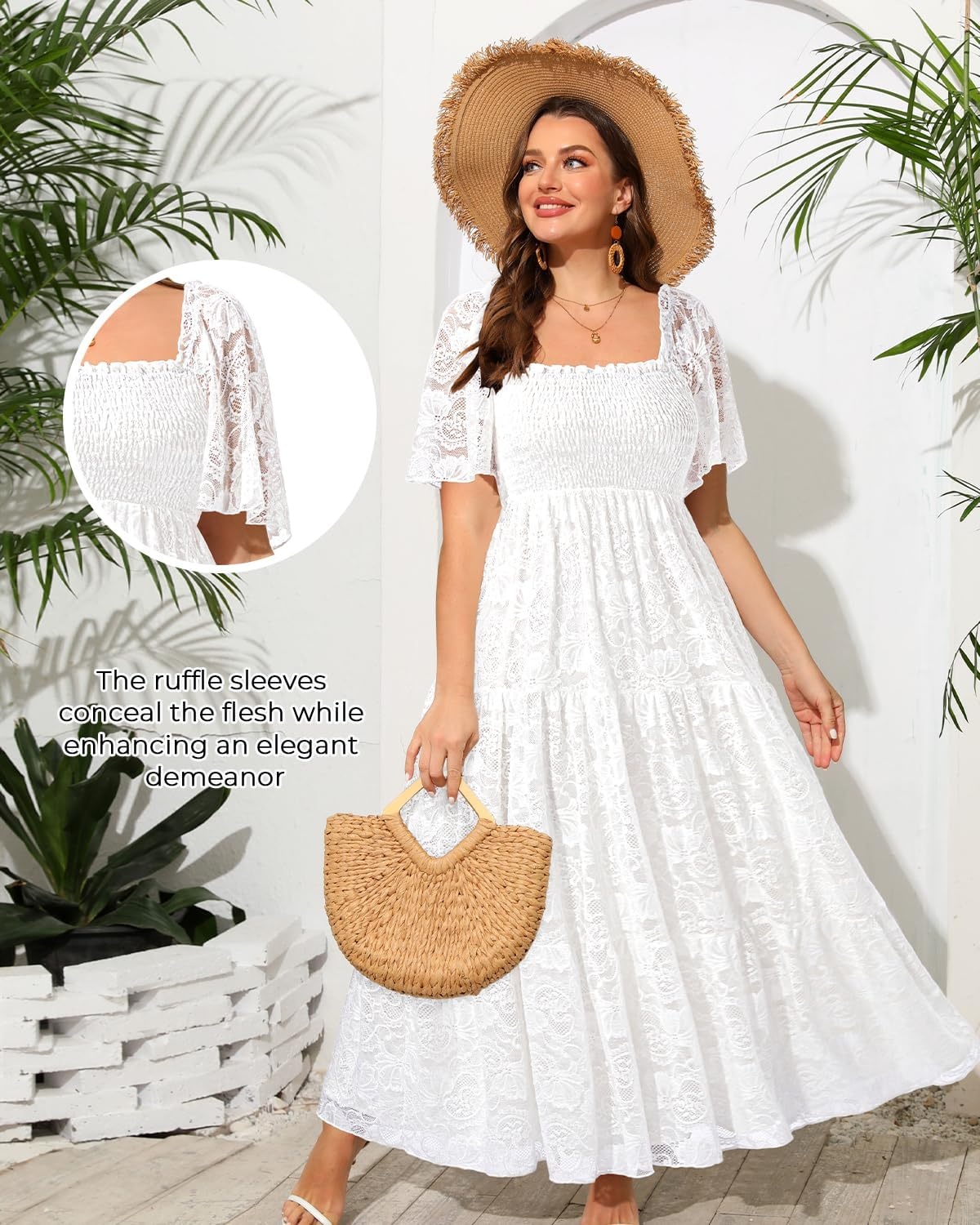 Plus Size Wedding Dress Bride Boho Lace Square Neck Long Maxi Dresses | Square Neck Ruffle Sleeves Lace Dresses for Curvy Women Photoshoot Smocked Tiered Flowy Wedding Guest Bridesmaid Dress(White)