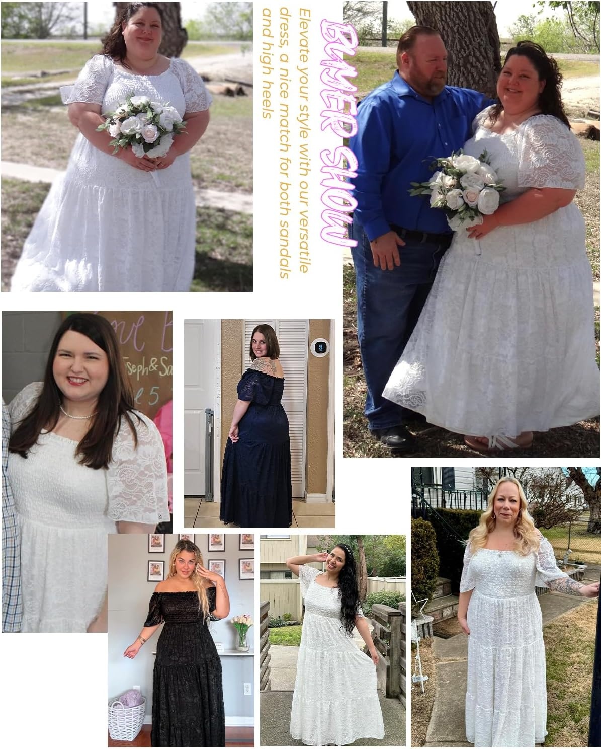 Plus Size Wedding Dress Bride Boho Lace Square Neck Long Maxi Dresses | Square Neck Ruffle Sleeves Lace Dresses for Curvy Women Photoshoot Smocked Tiered Flowy Wedding Guest Bridesmaid Dress(White)