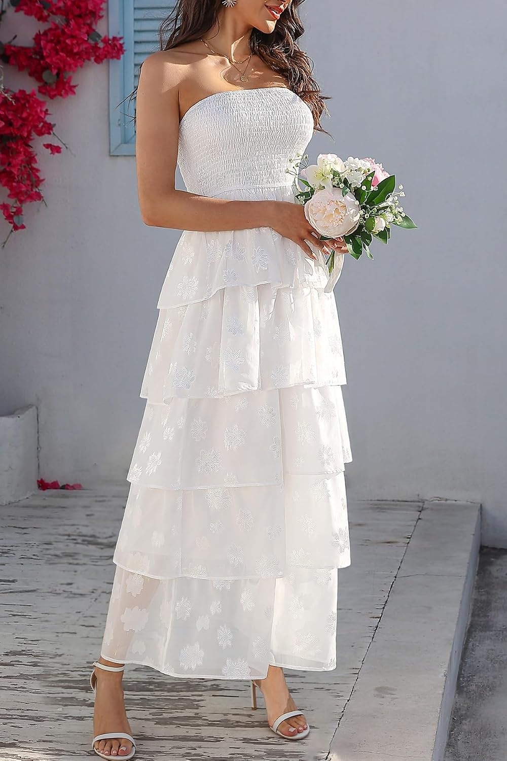 Talisea Wedding Guest Dress Jacquard Strapless Smocked Tiered Maxi Dress | Exquisite Floral Textured Jacquard, Sleeveless Ruffle Chiffon Long Dress for Wedding, Bridal Shower, Graduation, Party, Beach(White)