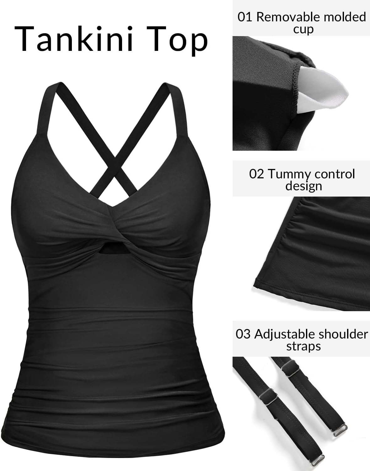 Women Tankini Swimsuit Tops Only – Tummy Control Bathing Suit Top 2025 Modest V Neck Twist Front Cutout Swim Top No Bottom(Black)
