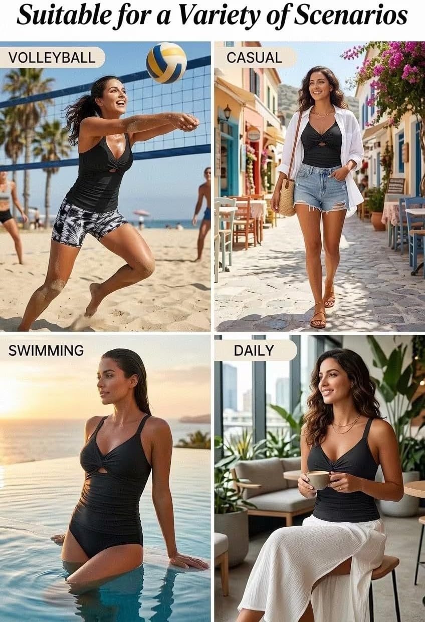 Women Tankini Swimsuit Tops Only – Tummy Control Bathing Suit Top 2025 Modest V Neck Twist Front Cutout Swim Top No Bottom(Black)