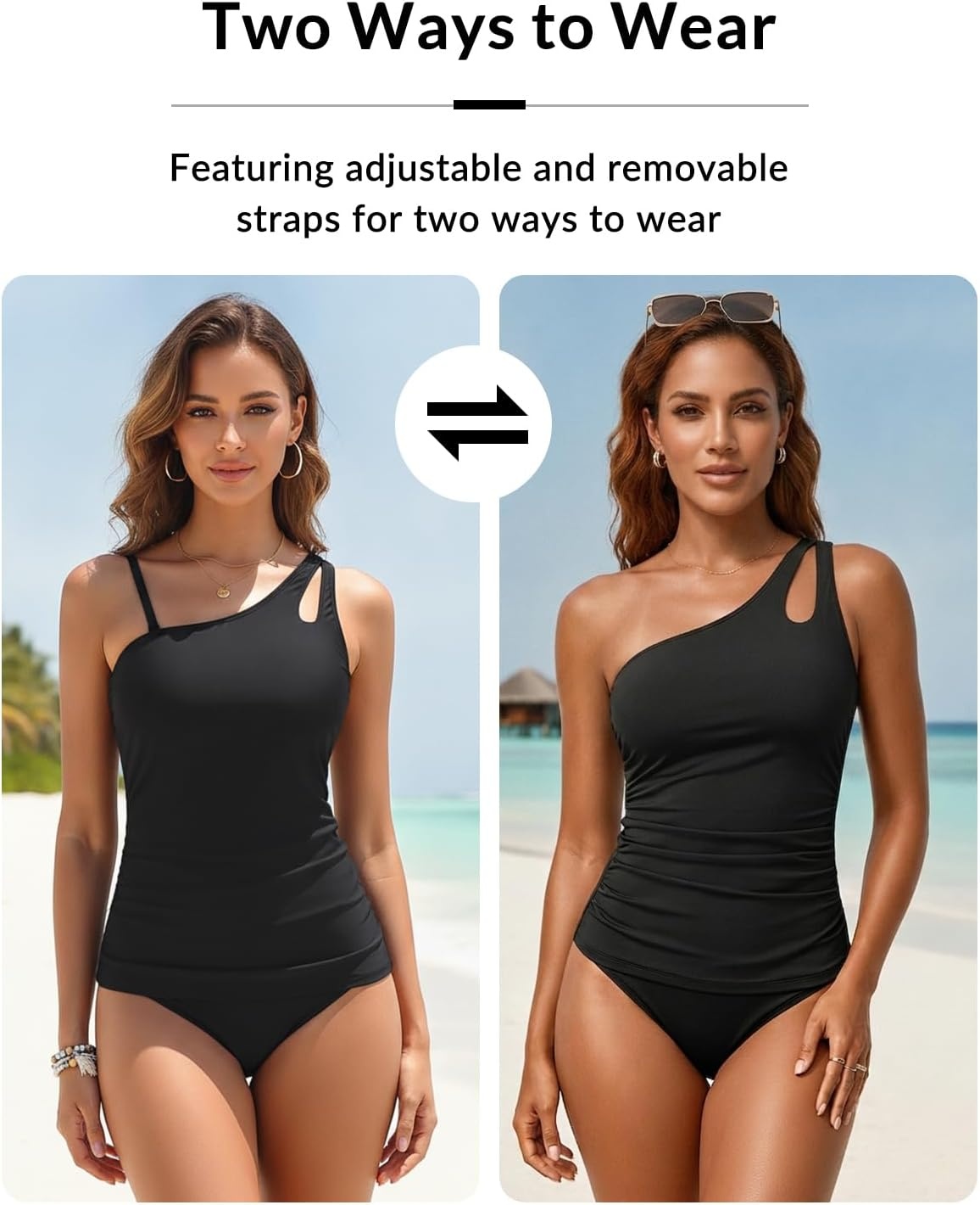 Talisea One Shoulder Tankini Set Two Piece Tummy Control Swimsuit for Women | Built-In Fixed Pads for Bust Support, Adjustable Straps(Black)