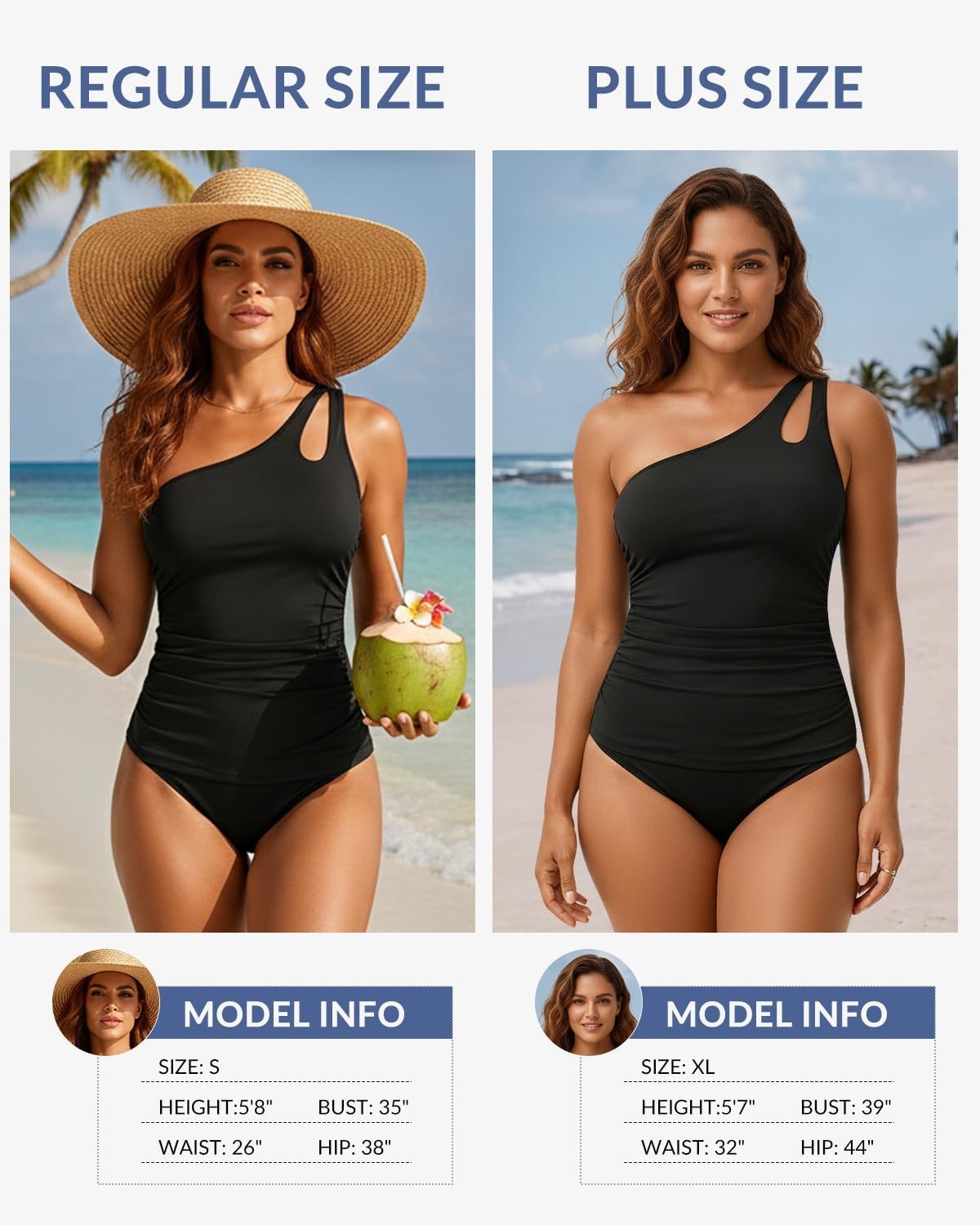 Talisea One Shoulder Tankini Set Two Piece Tummy Control Swimsuit for Women | Built-In Fixed Pads for Bust Support, Adjustable Straps(Black)