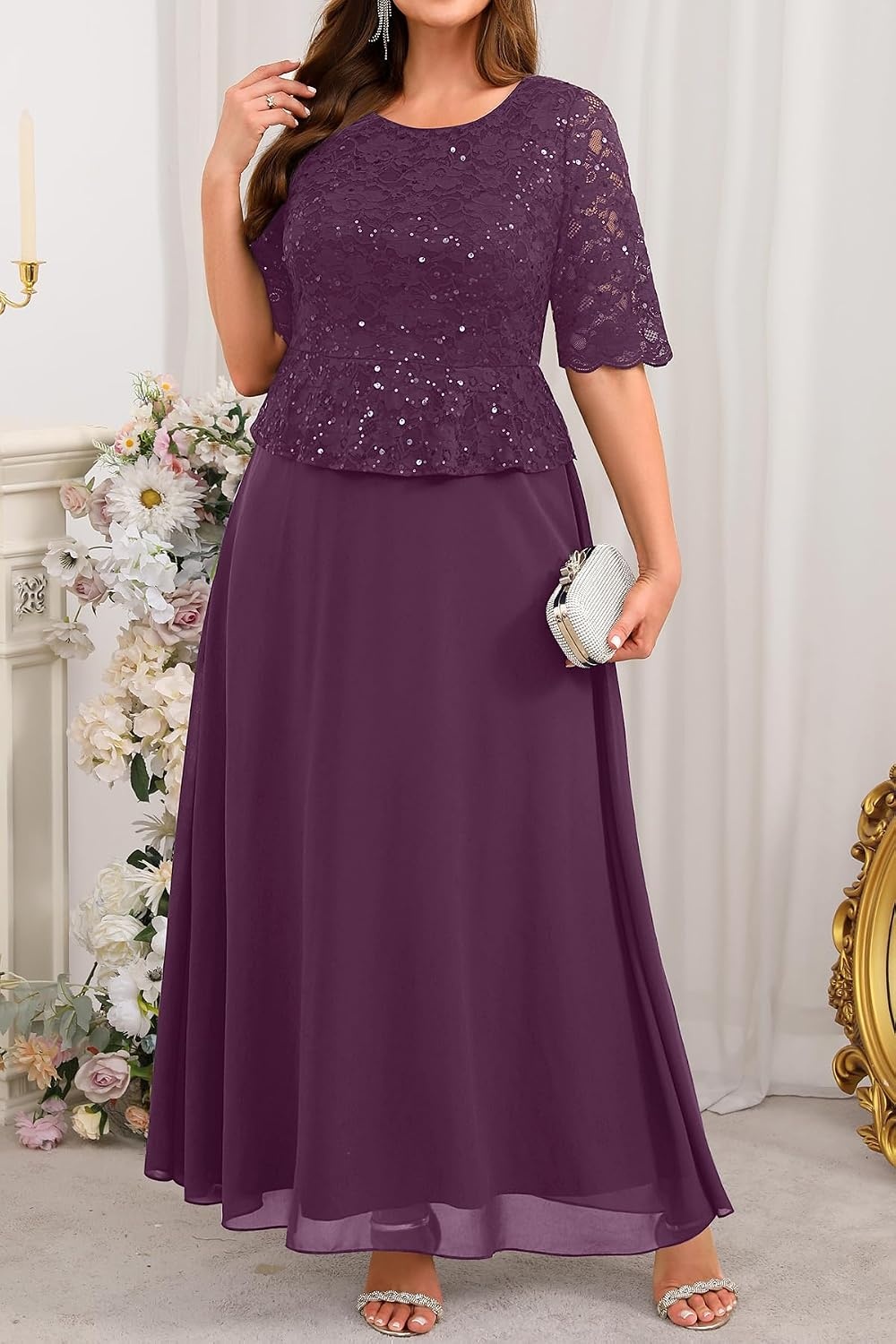 Plus Size Formal Dress – Sequin Lace Mother of The Bride Maxi Dress Women | Elegant formal maxi evening gown; sequin lace bodice; ideal for mother of the bride & wedding guests.(Dark Purple)