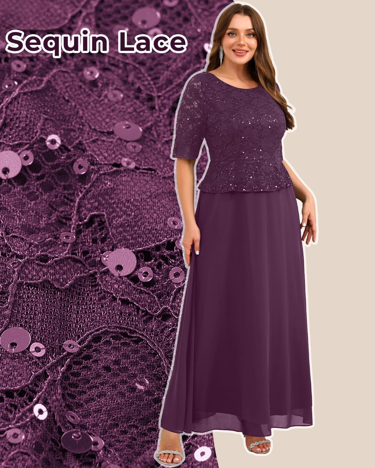Plus Size Formal Dress – Sequin Lace Mother of The Bride Maxi Dress Women | Elegant formal maxi evening gown; sequin lace bodice; ideal for mother of the bride & wedding guests.(Dark Purple)