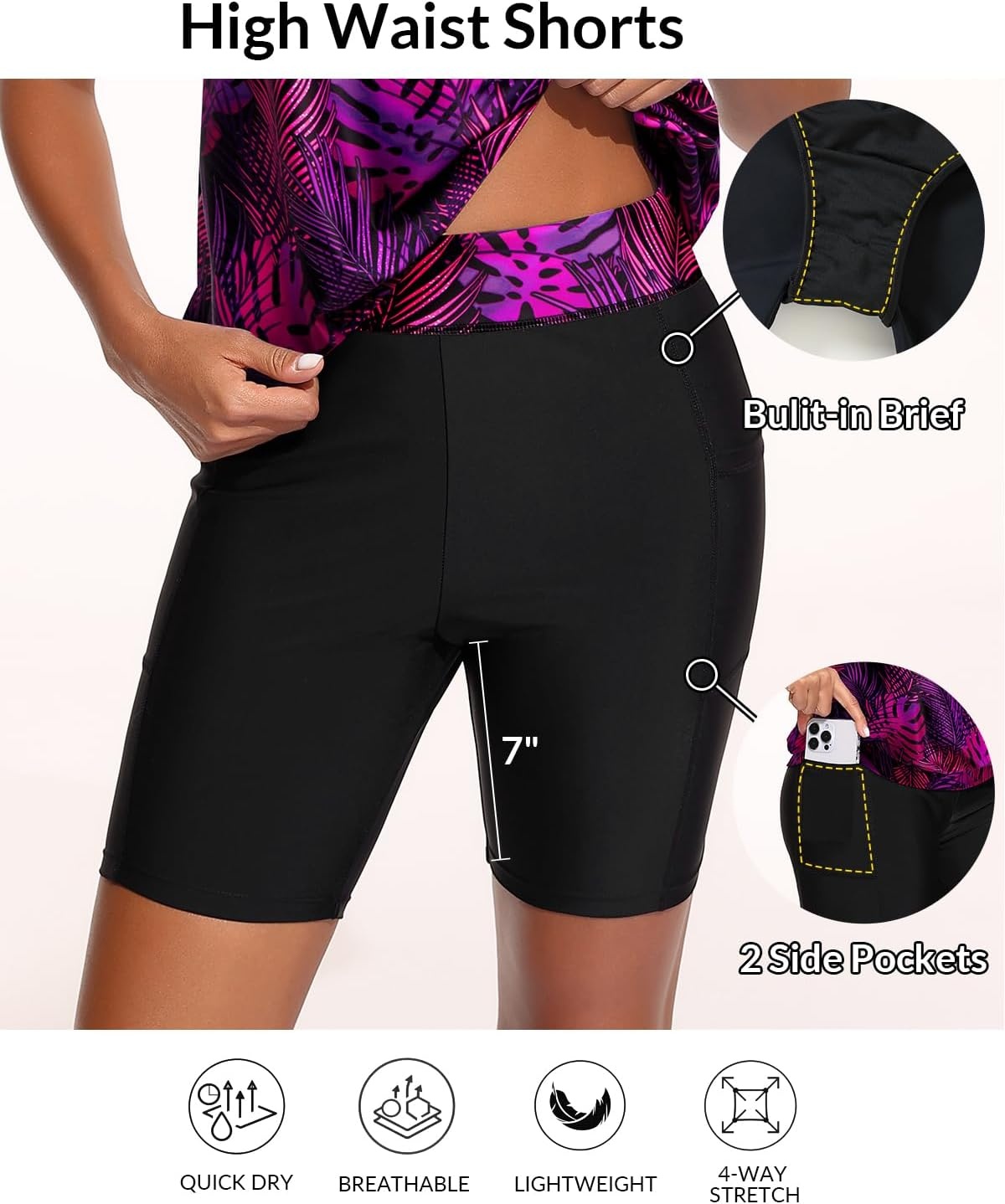 Blouson Tankini with Shorts – 7″ Boy-Leg Two Piece Swimsuit with Pockets(Purple Leaves)