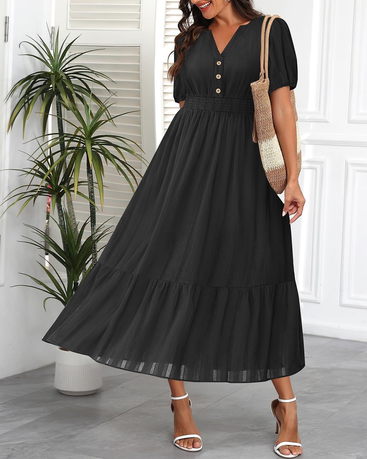 Talisea Womens Summer Maxi Dress – Puff Sleeve V Neck Smocked Tiered Boho Casual A-Line Wedding Guest Long Dress with Pockets(Black (Solid))