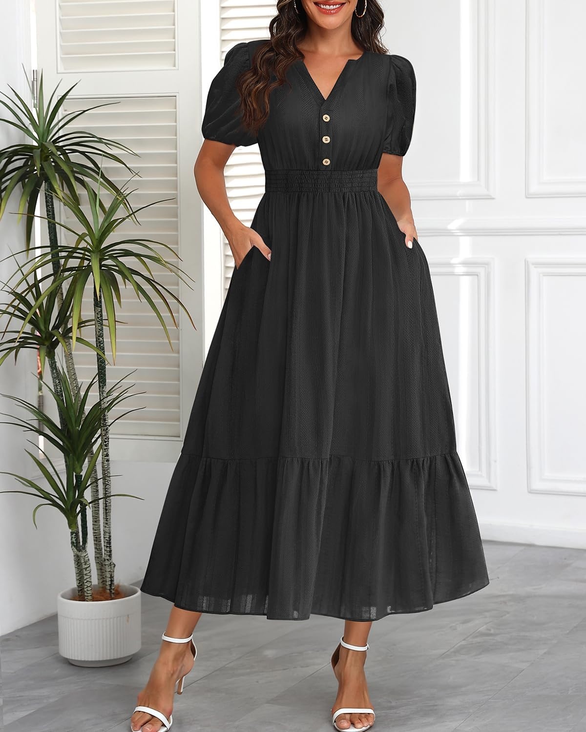 Talisea Womens Summer Maxi Dress – Puff Sleeve V Neck Smocked Tiered Boho Casual A-Line Wedding Guest Long Dress with Pockets(Black (Solid))