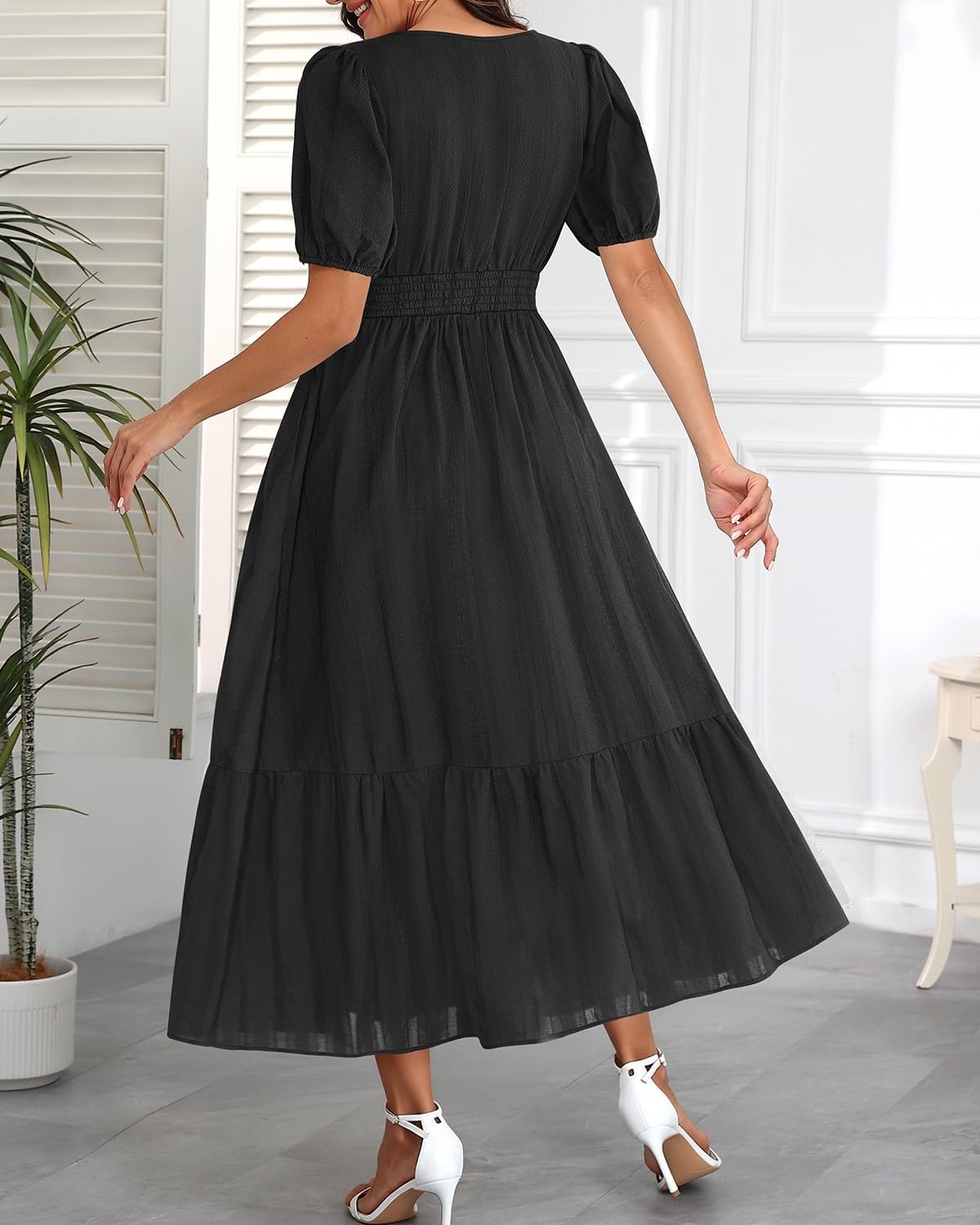 Talisea Womens Summer Maxi Dress – Puff Sleeve V Neck Smocked Tiered Boho Casual A-Line Wedding Guest Long Dress with Pockets(Black (Solid))