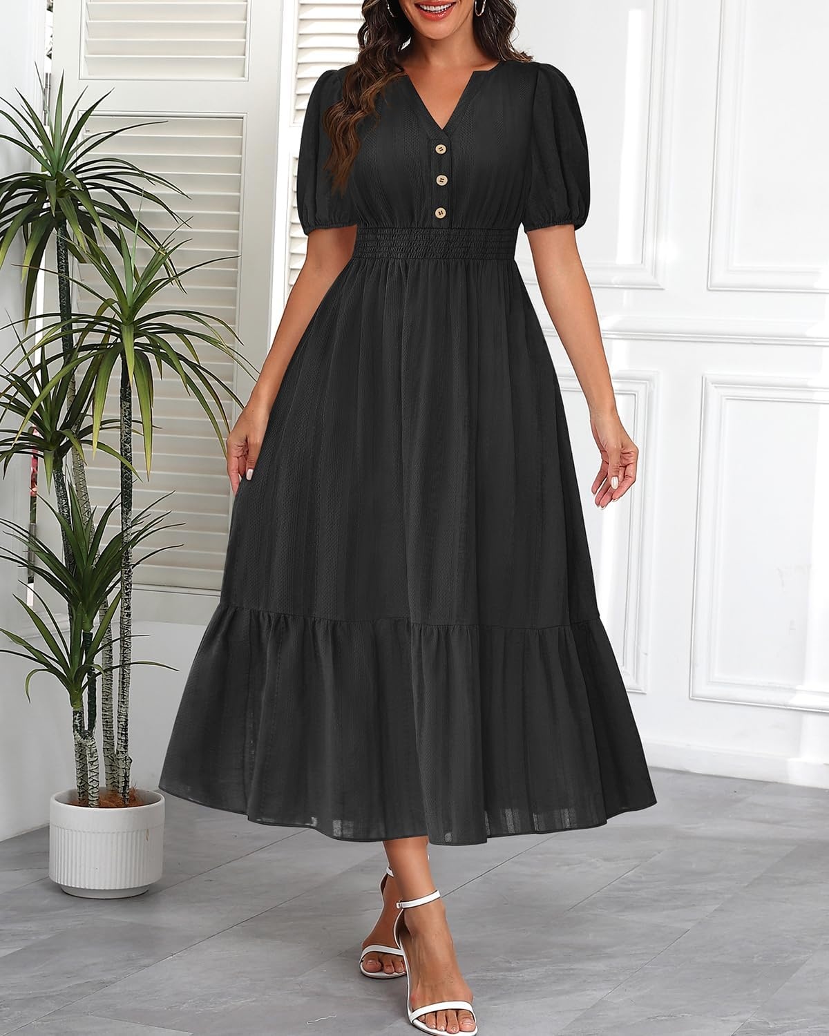 Talisea Womens Summer Maxi Dress – Puff Sleeve V Neck Smocked Tiered Boho Casual A-Line Wedding Guest Long Dress with Pockets(Black (Solid))