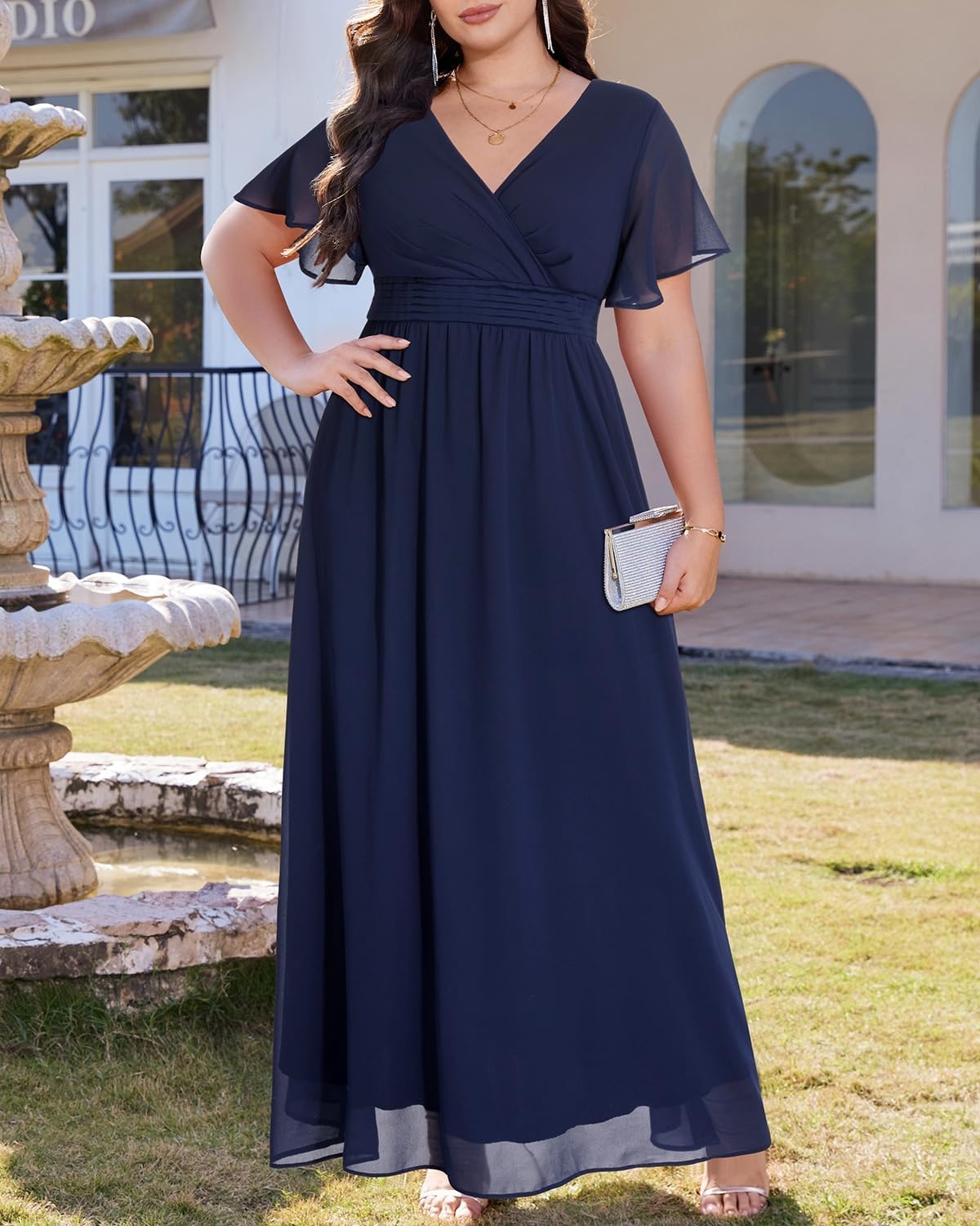 Talisea Plus Size Formal Dresses – V Neck Flutter Sleeve Glitter Prom Evening Gowns Wedding Guest Chiffon Long Maxi Dress(Blue-chiffon)