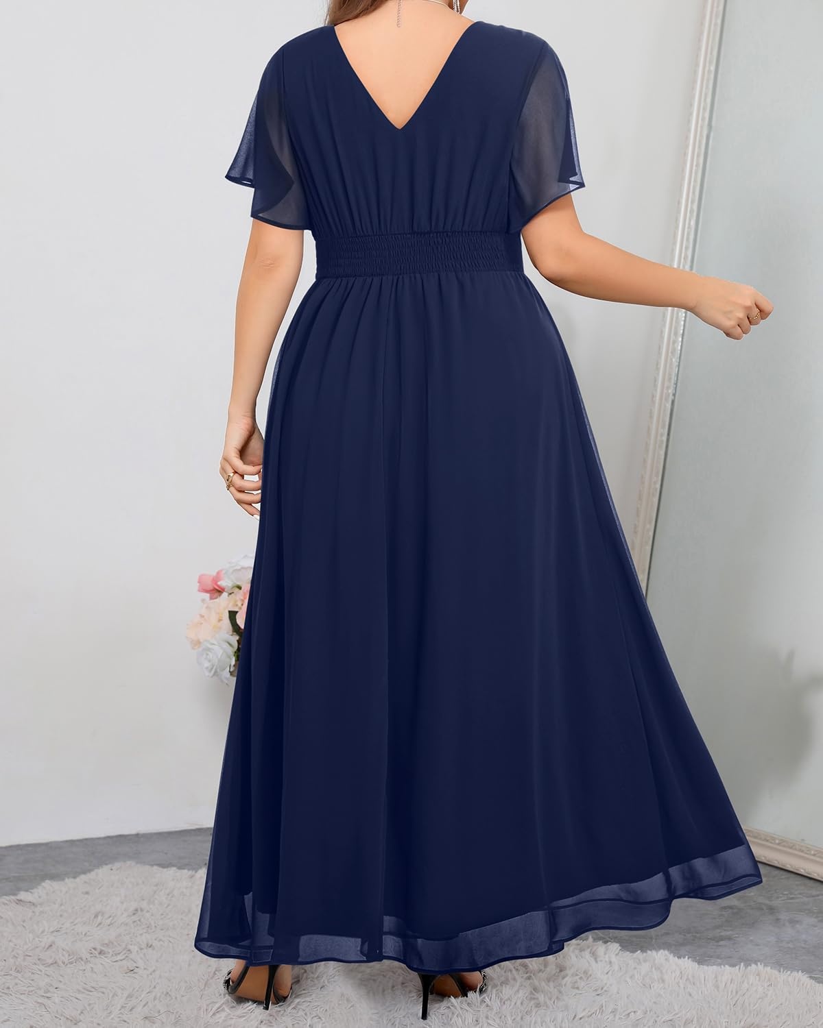 Talisea Plus Size Formal Dresses – V Neck Flutter Sleeve Glitter Prom Evening Gowns Wedding Guest Chiffon Long Maxi Dress(Blue-chiffon)