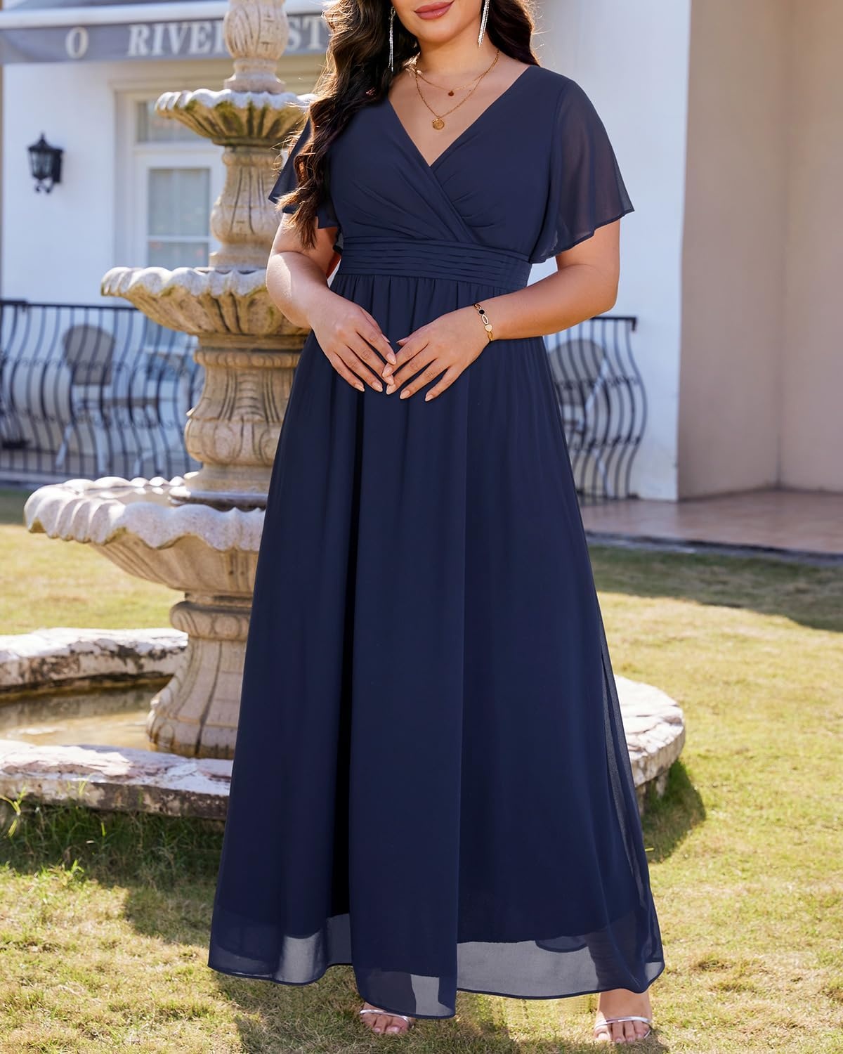 Talisea Plus Size Formal Dresses – V Neck Flutter Sleeve Glitter Prom Evening Gowns Wedding Guest Chiffon Long Maxi Dress(Blue-chiffon)