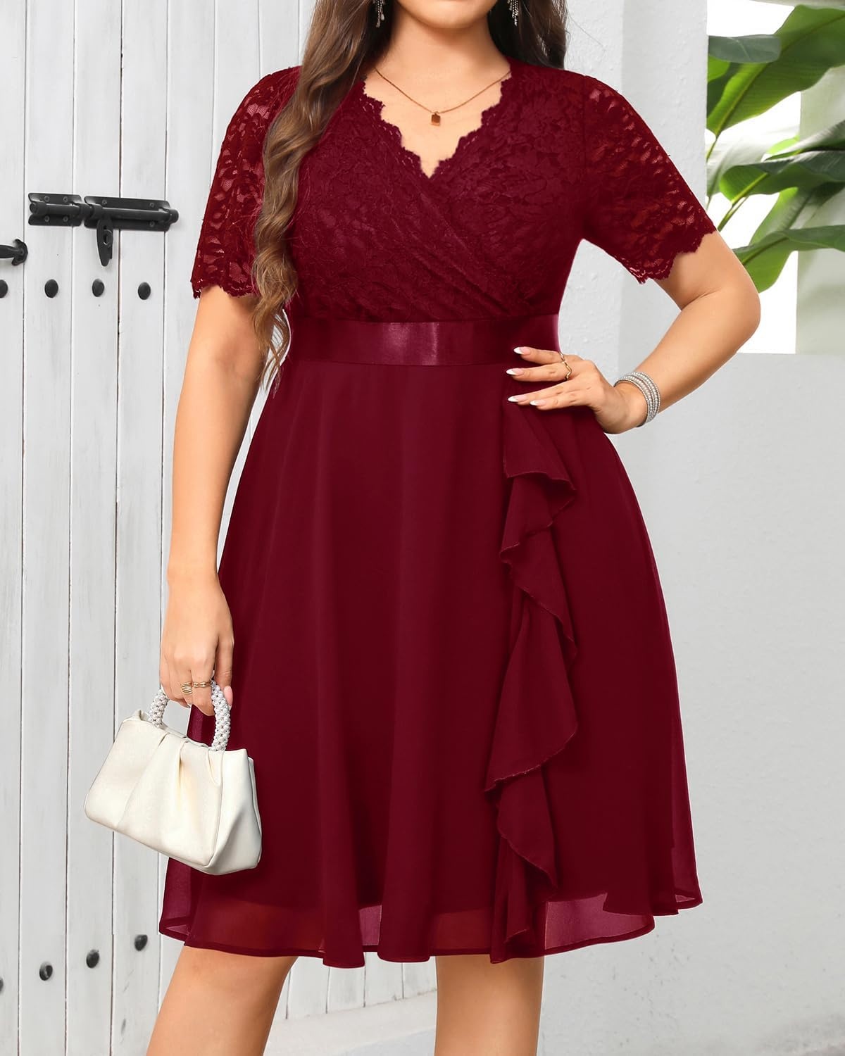 Plus Size Wedding Guest Dress Semi Formal Burgundy Holiday Cocktail Party Summer Mother Elegant Lace Curvy Women Fall