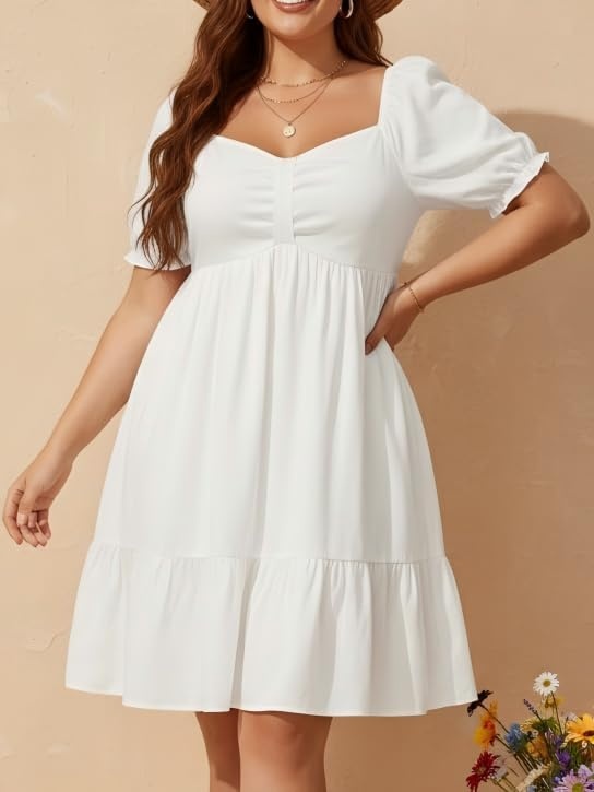 Talisea Plus Size Sweetheart Neck Puff Short Sleeve Babydoll Summer Dress | Sweetheart neck / puff short sleeves / ruched front / smocked back / tiered ruffle hem / babydoll summer dress(White)