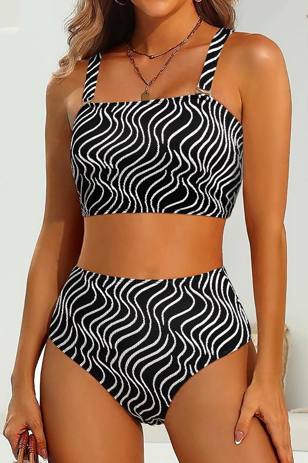 High Waisted Bandeau Bikini Set – Ribbed Strapless Two Piece Swimsuit | Secure bandeau top with straps. High waist bottom for comfortable coverage. Full coverage back for confident wear.(Contrast Color-black)