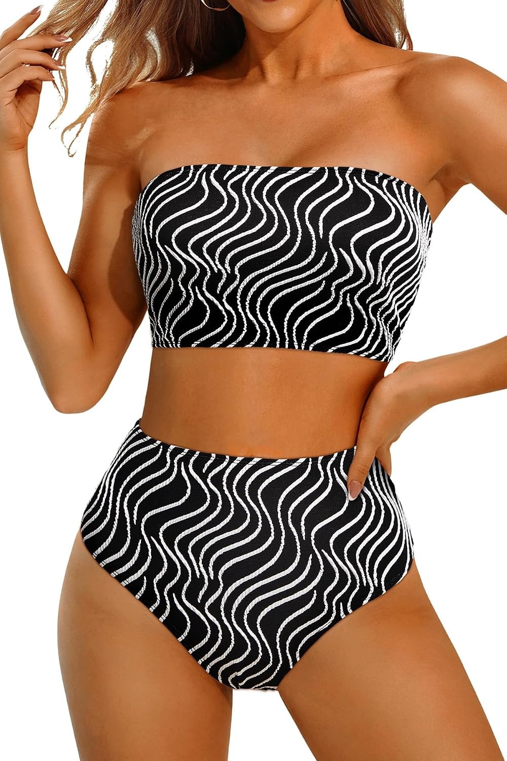 High Waisted Bandeau Bikini Set – Ribbed Strapless Two Piece Swimsuit | Secure bandeau top with straps. High waist bottom for comfortable coverage. Full coverage back for confident wear.(Contrast Color-black)