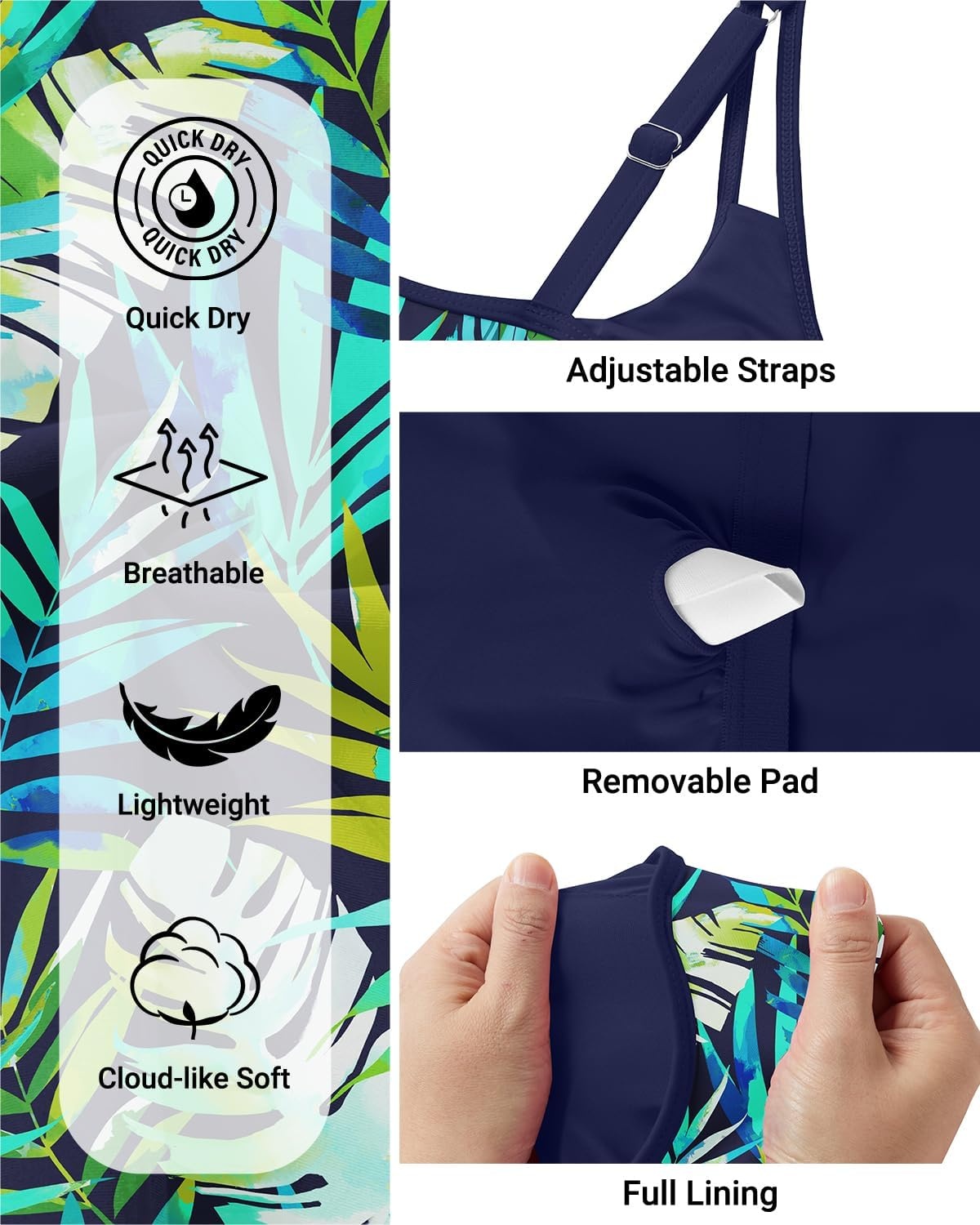 Womens Flowy Tankini Tops Only – Modest Bathing Suit Swim Tops No Bottom | Flowy design provides a relaxed fit. Adjustable straps offers a customizable fit. Removable Pads and fully lined for comfort(Blue Leaves)