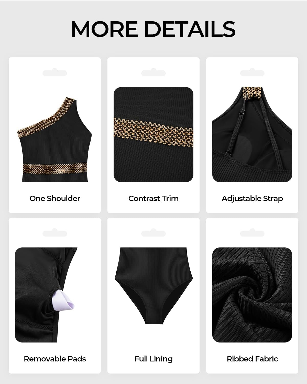 Talisea One Shoulder One Piece Swimsuits – Women Tummy Control Bathing Suit with Tie Knot Swimwear Full Coverage(Black With Gold Trim)