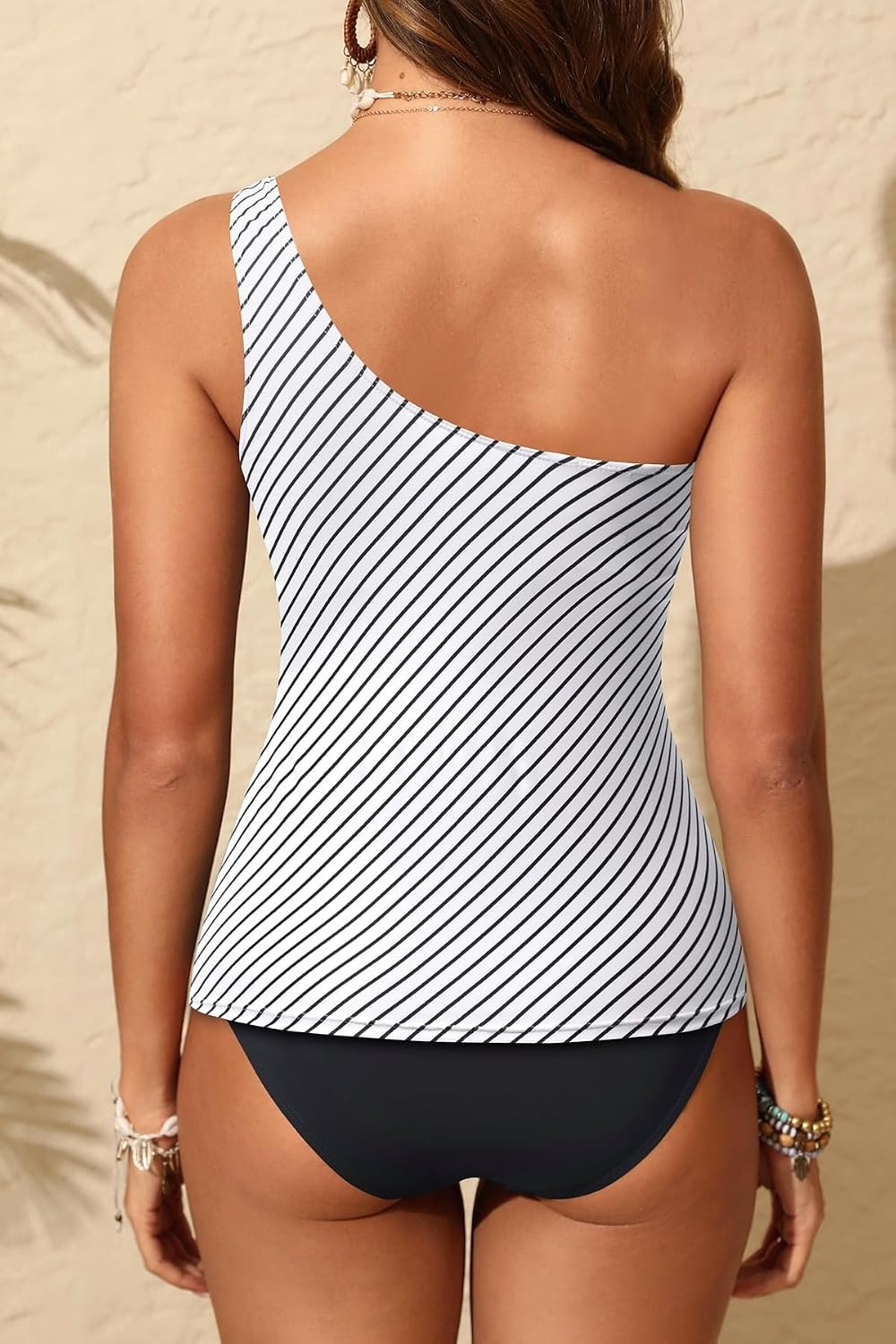Talisea Two Piece Tankini Bathing Suit One Shoulder Swimsuit for Women Tummy Control Swimwear(Black Stripes)