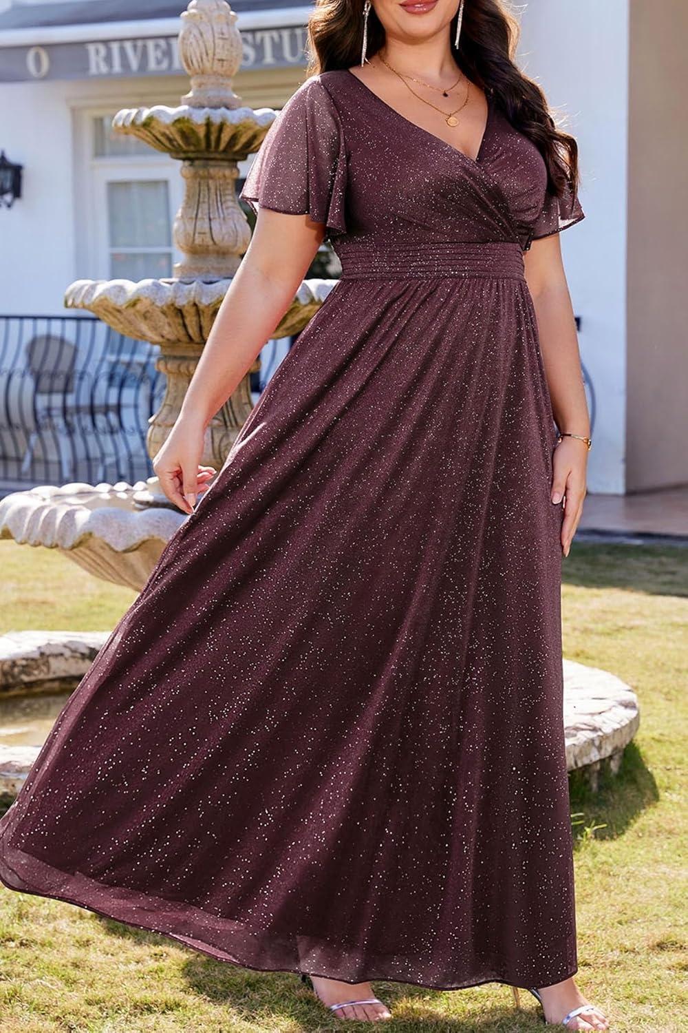 Talisea Plus Size Formal Dresses – V Neck Flutter Sleeve Glitter Prom Evening Gowns Wedding Guest Chiffon Long Maxi Dress(Deep Purple-glitter)