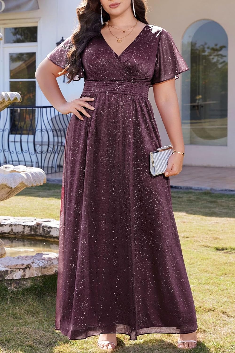 Talisea Plus Size Formal Dresses – V Neck Flutter Sleeve Glitter Prom Evening Gowns Wedding Guest Chiffon Long Maxi Dress(Deep Purple-glitter)