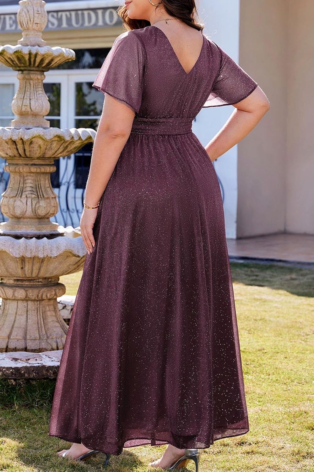 Talisea Plus Size Formal Dresses – V Neck Flutter Sleeve Glitter Prom Evening Gowns Wedding Guest Chiffon Long Maxi Dress(Deep Purple-glitter)