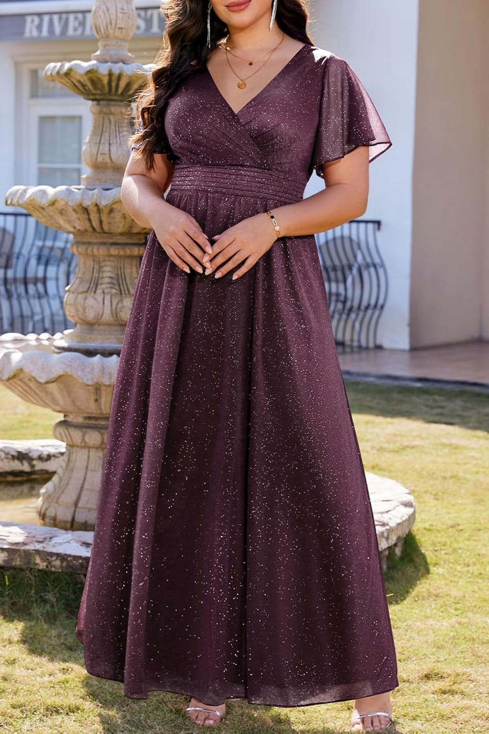 Talisea Plus Size Formal Dresses – V Neck Flutter Sleeve Glitter Prom Evening Gowns Wedding Guest Chiffon Long Maxi Dress(Deep Purple-glitter)