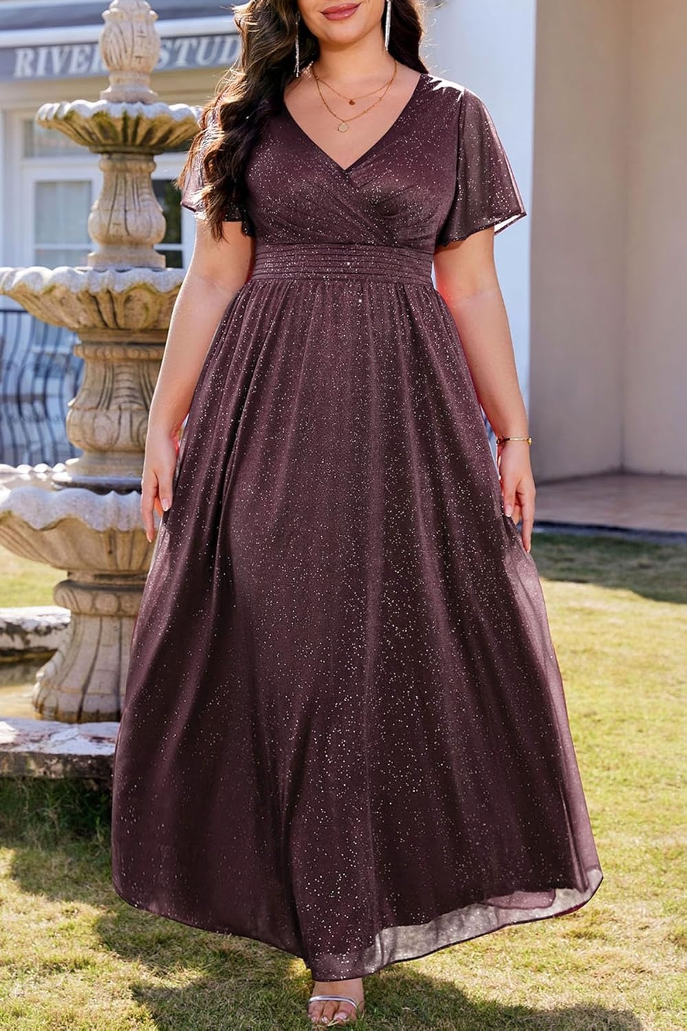 Talisea Plus Size Formal Dresses – V Neck Flutter Sleeve Glitter Prom Evening Gowns Wedding Guest Chiffon Long Maxi Dress(Deep Purple-glitter)