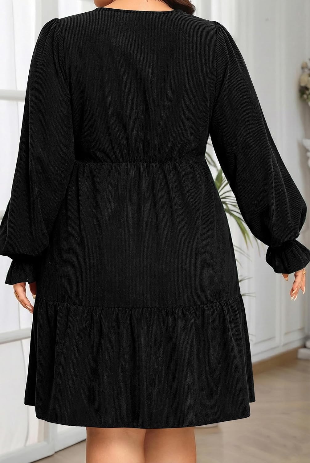 Plus Size Fall Dresses Casual Long Sleeve Corduroy Short Babydoll Dress | Plus Size Fall Long Sleeve Dresses Women Corduroy Casual A Line Tiered Short Dress Loose Tunic V Neck Babydoll Dress Winter(Black)