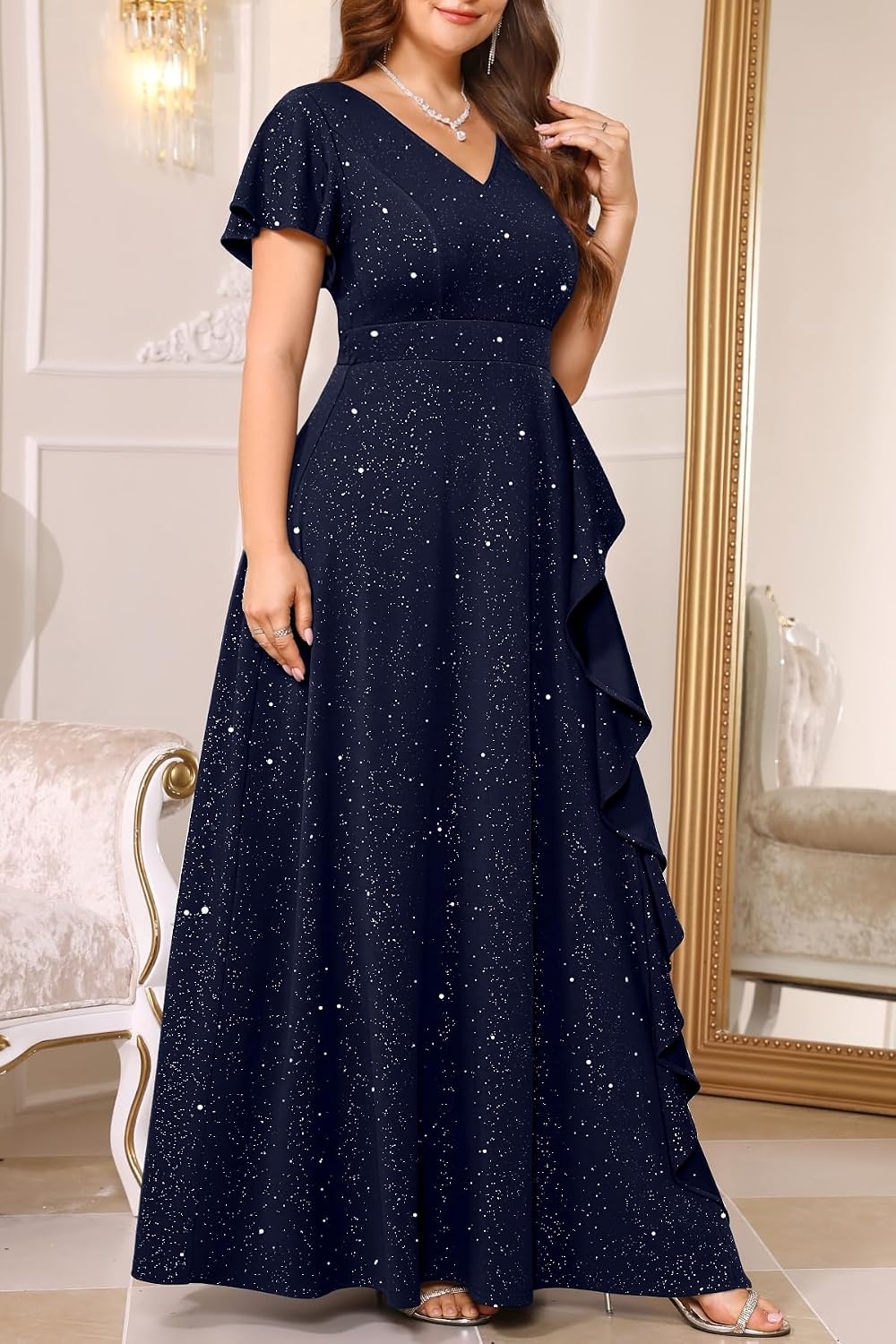 Talisea Plus Size Formal Dresses – V Neck Ruffle Sleeve High Slit Prom Cocktail Wedding Guest Evening Party Gown Dress(Sparkly Navy Blue)